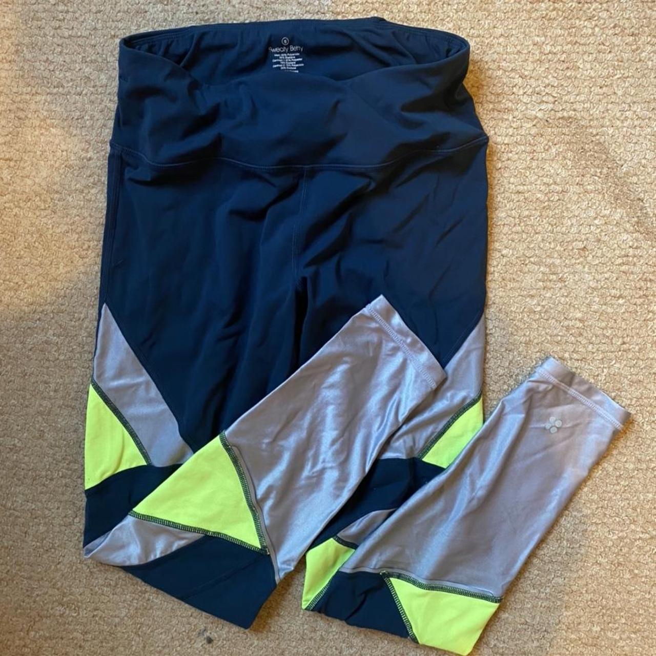 Sweaty betty Navy Blue leggings With neon green... - Depop