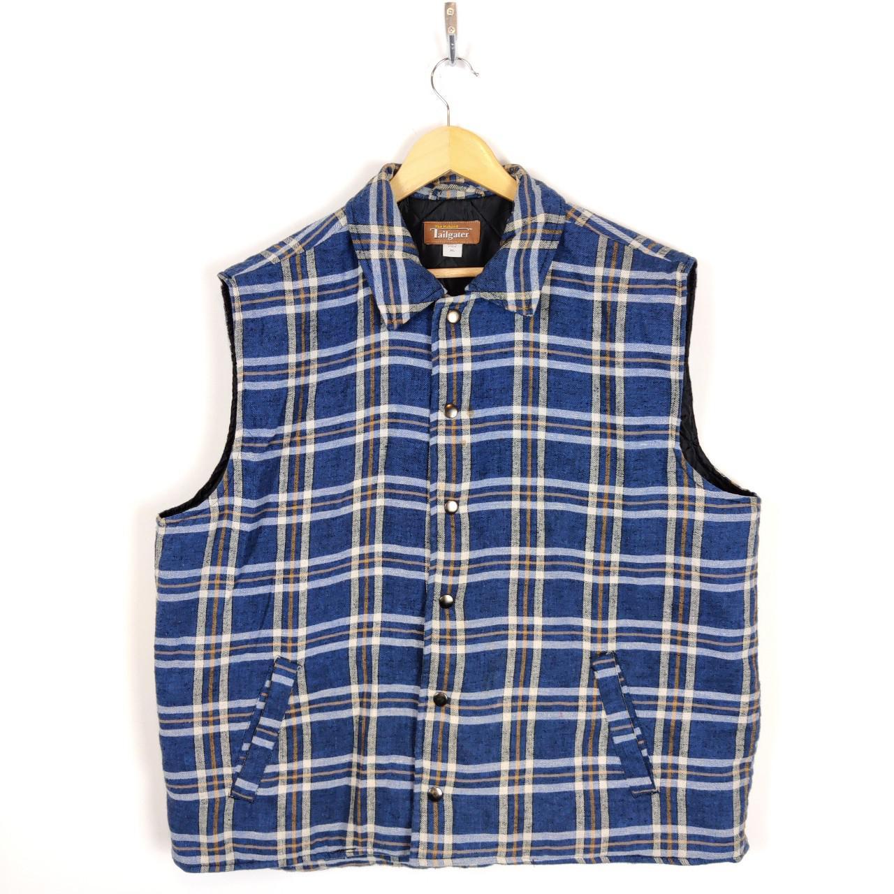 Men's Blue Plaid Quilt Lined Flannel Vest Size... - Depop