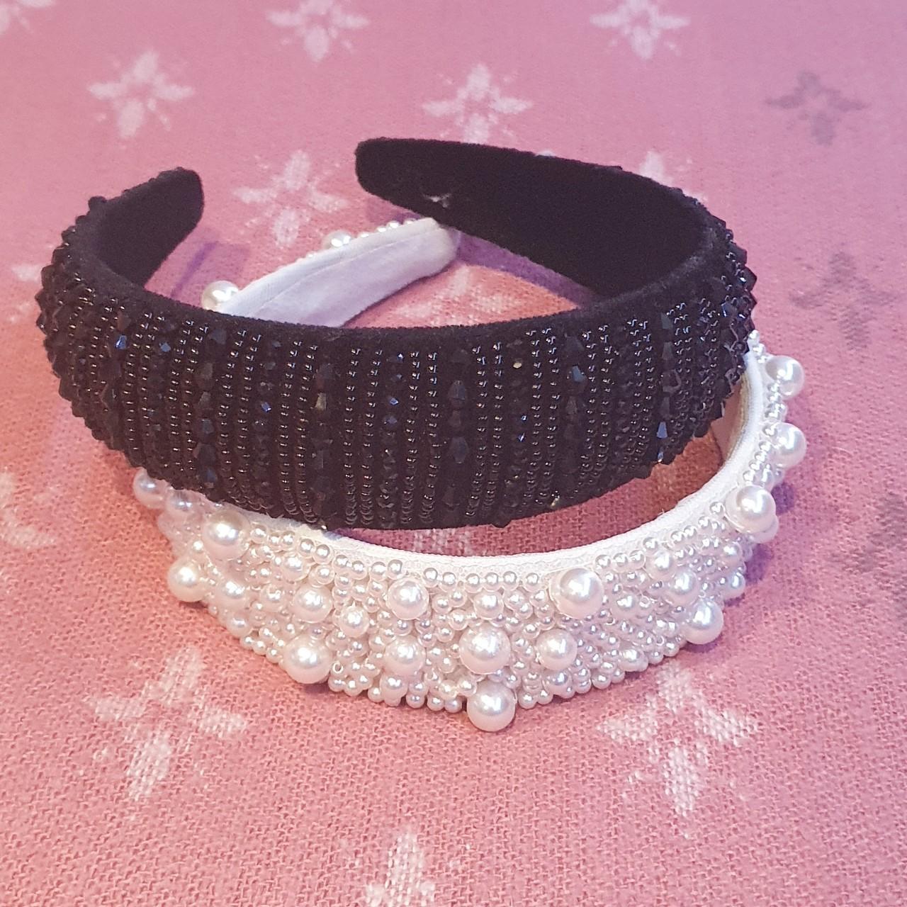 TWO BEADED HEADBANDS faux pearl and black beads... Depop