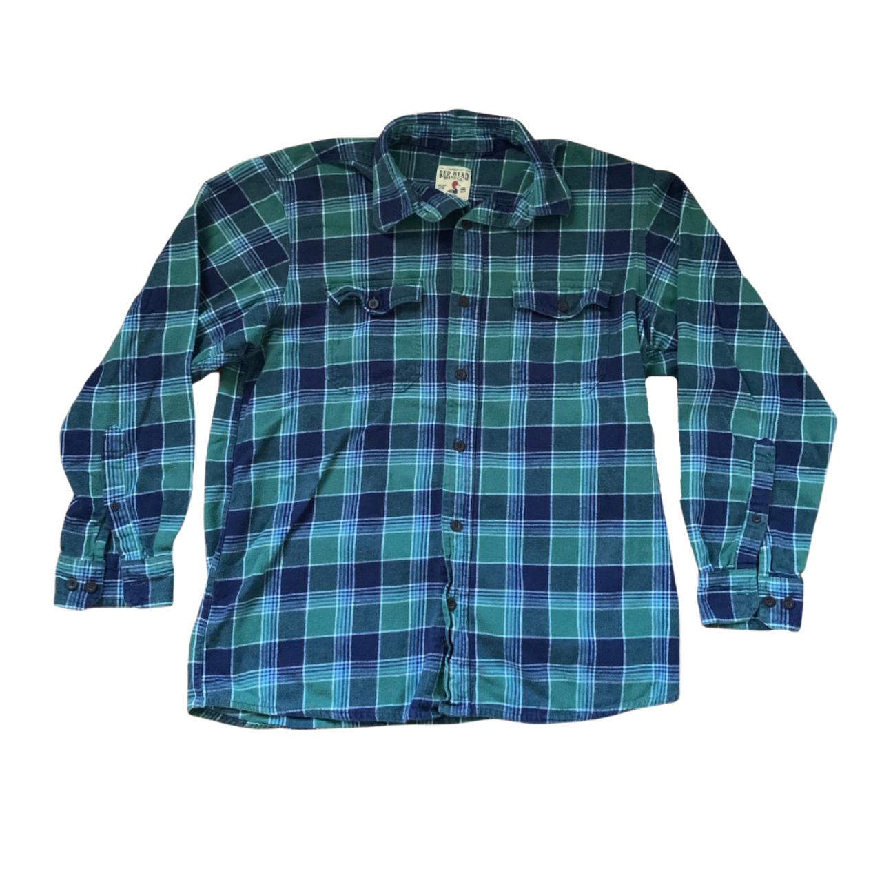 Blue and Green Button Up Long Sleeve Flannel, in... - Depop