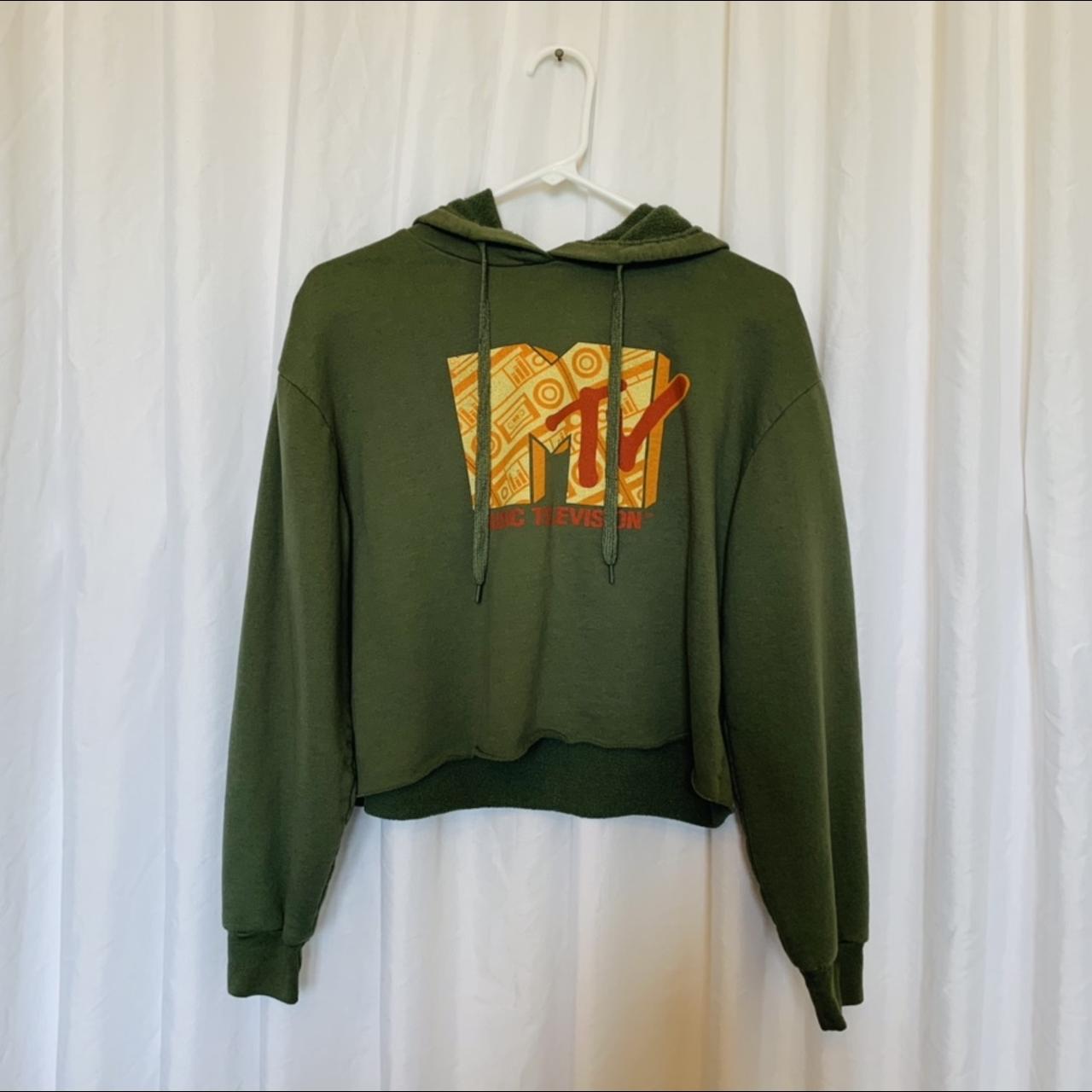 army green “mtv” graphic hoodie. curls a little at... - Depop