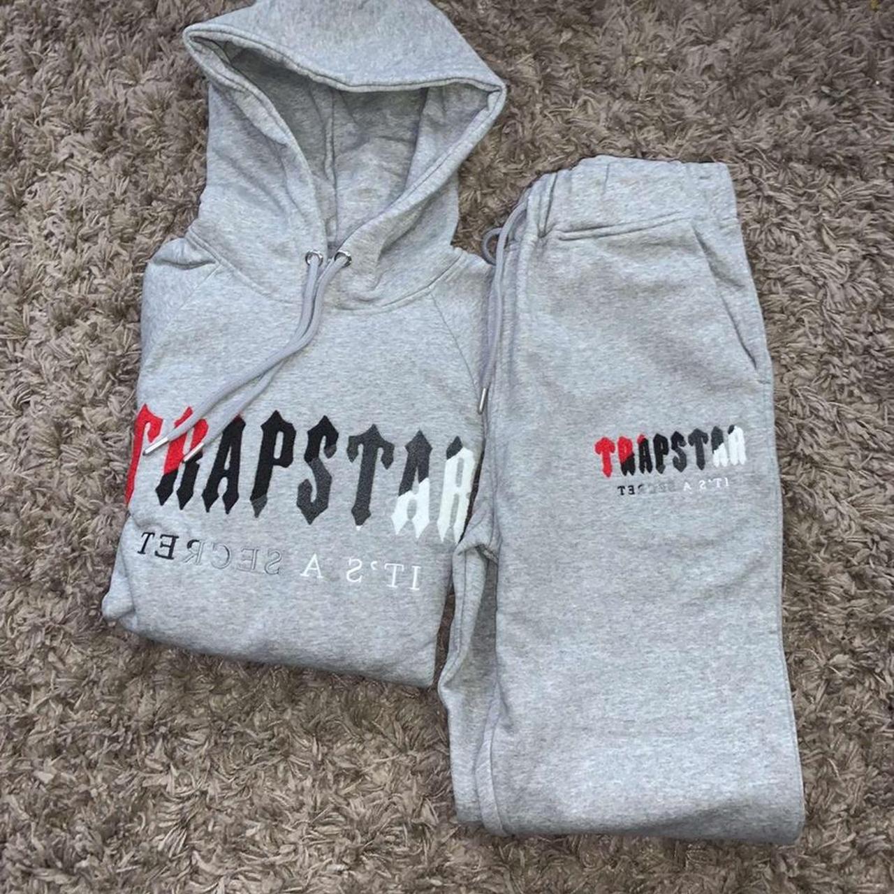 Trapstar Men's Grey and Red Hoodie Depop