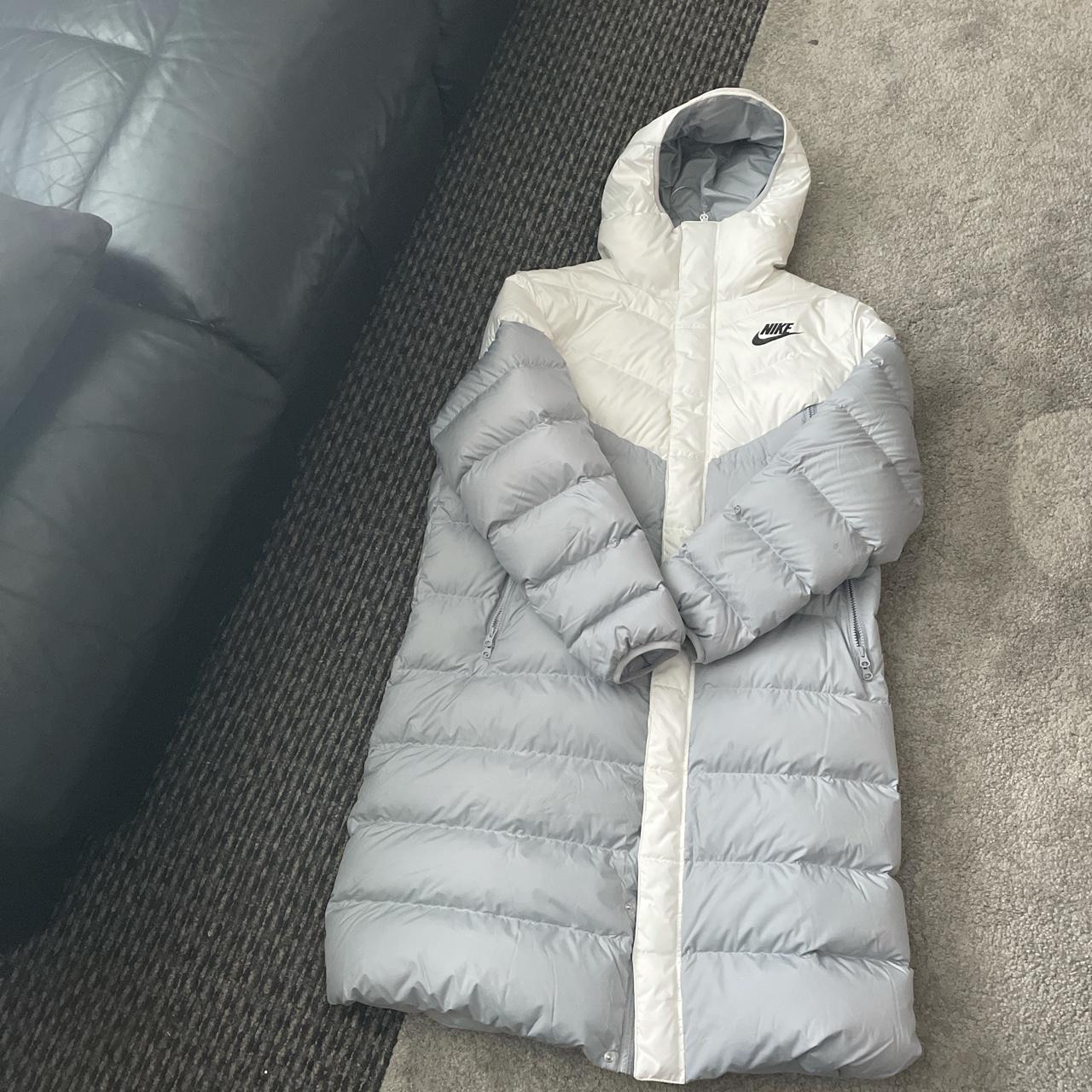 Men s long grey and white Nike puffer Jacket size Depop