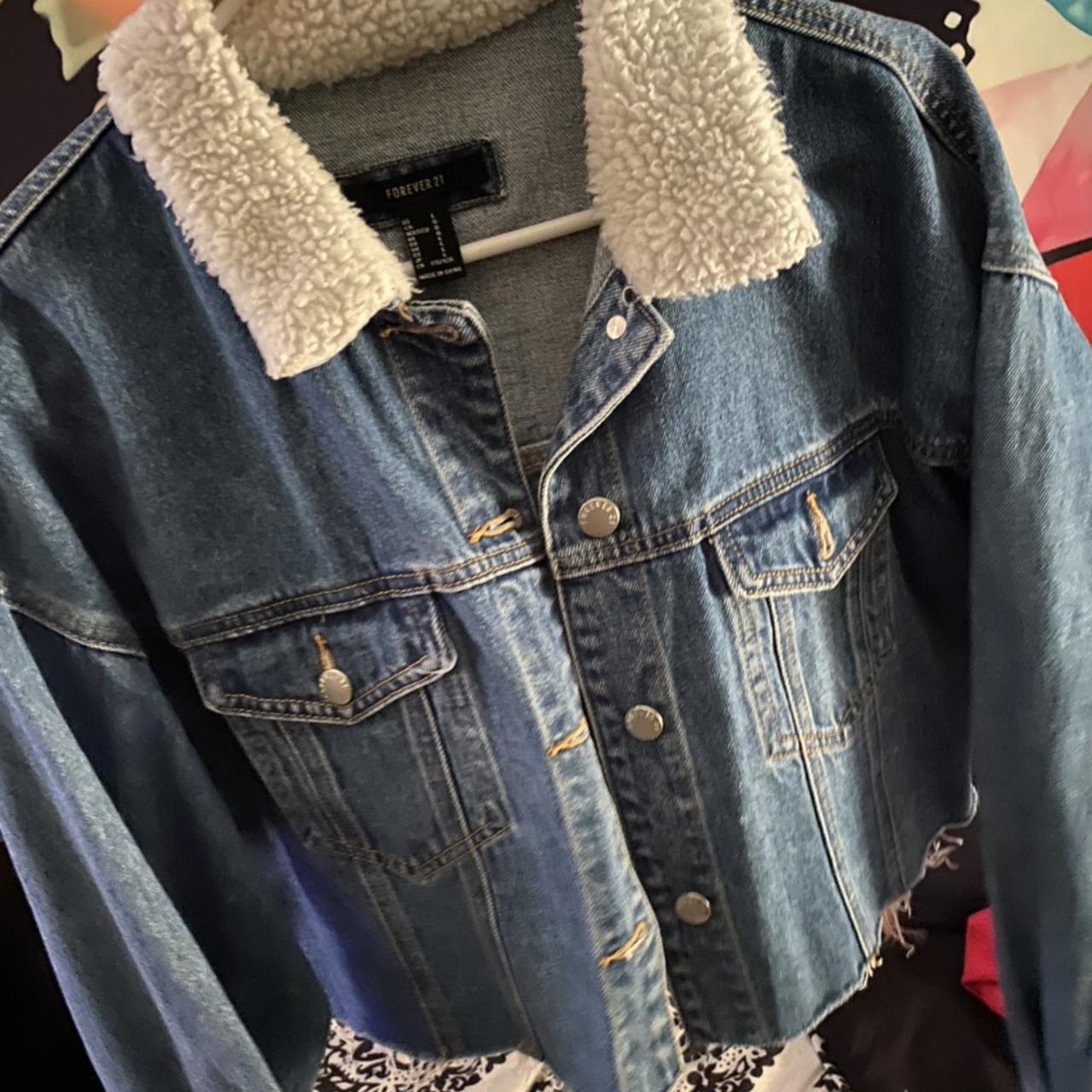 cropped denim jacket with white fur - Depop