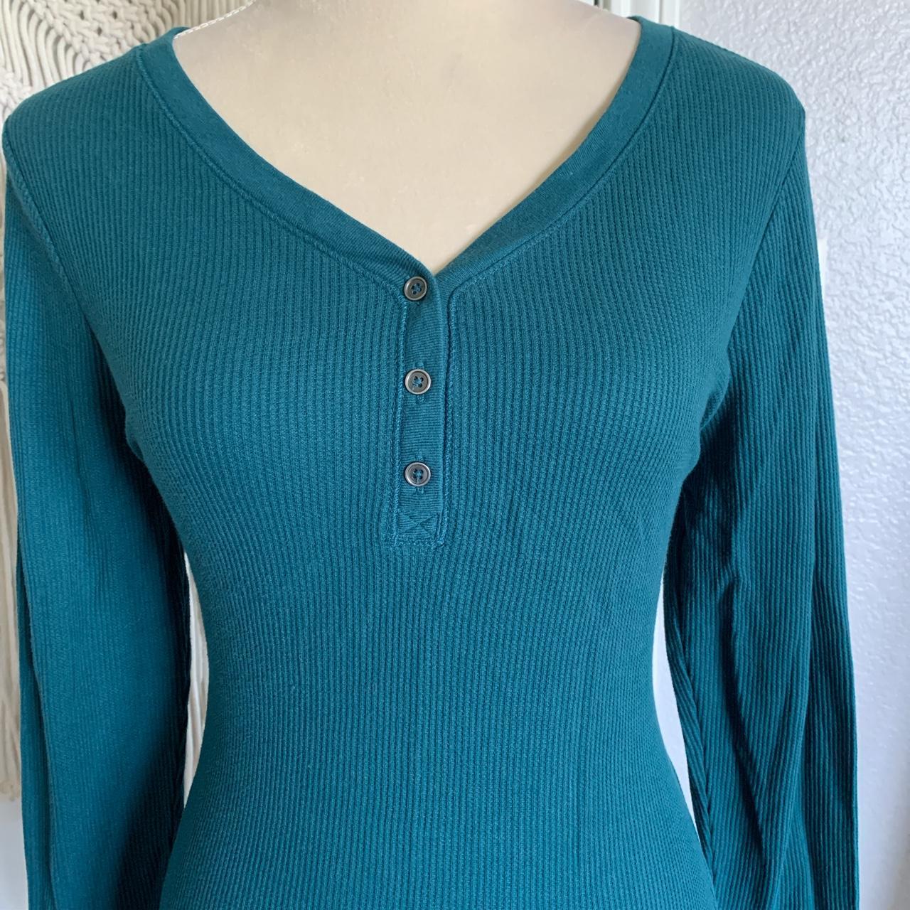 Y2k grunge henley Button up blue/teal long sleeve... - Depop