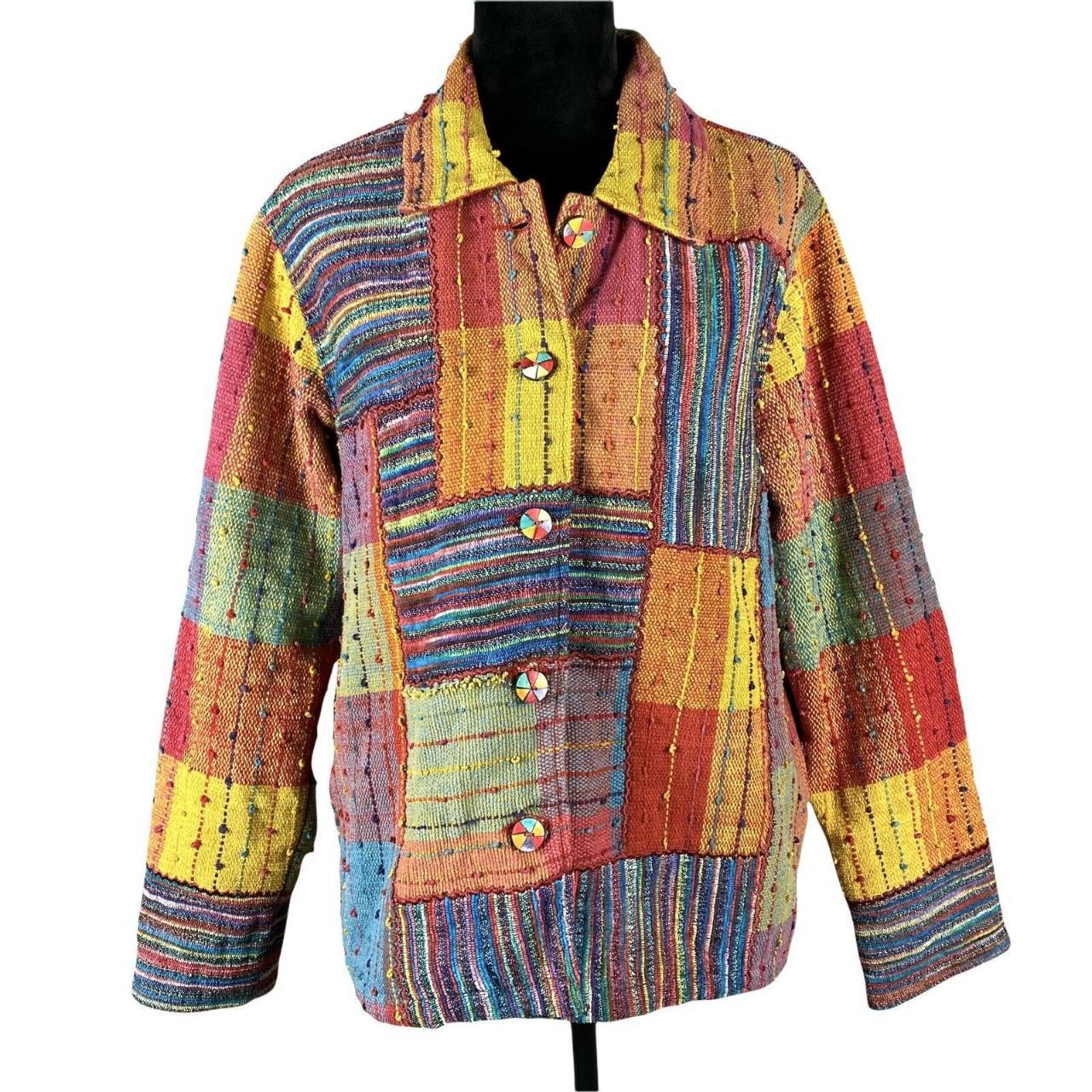 patchwork rainbow knit jacket with funky buttons... - Depop