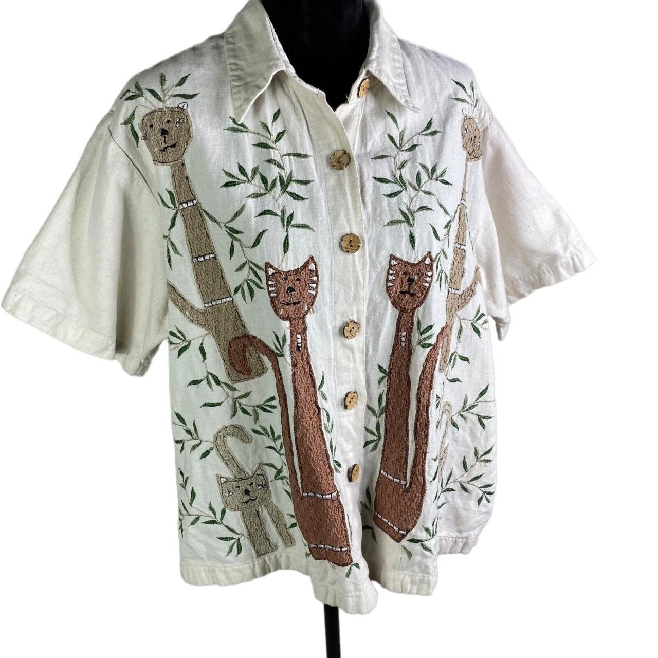 vintage dressbarn linen blend cats cat button shirt... Depop