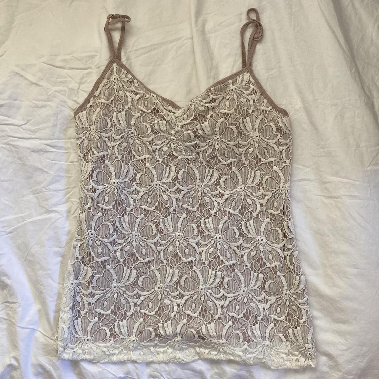White cream lace floral cami top featuring floral... - Depop