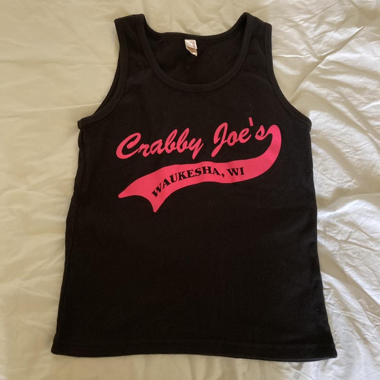 Black ribbed tank top featuring hot pink crabby... - Depop