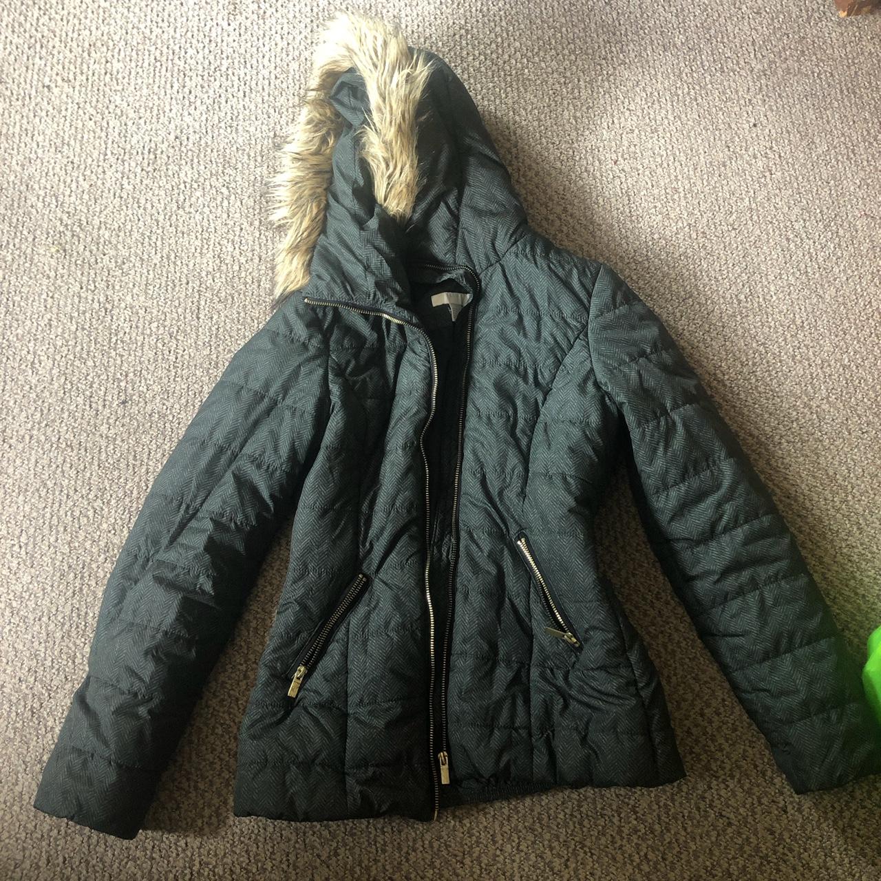 H&M thin puffer coat with faux fur hood, Size: