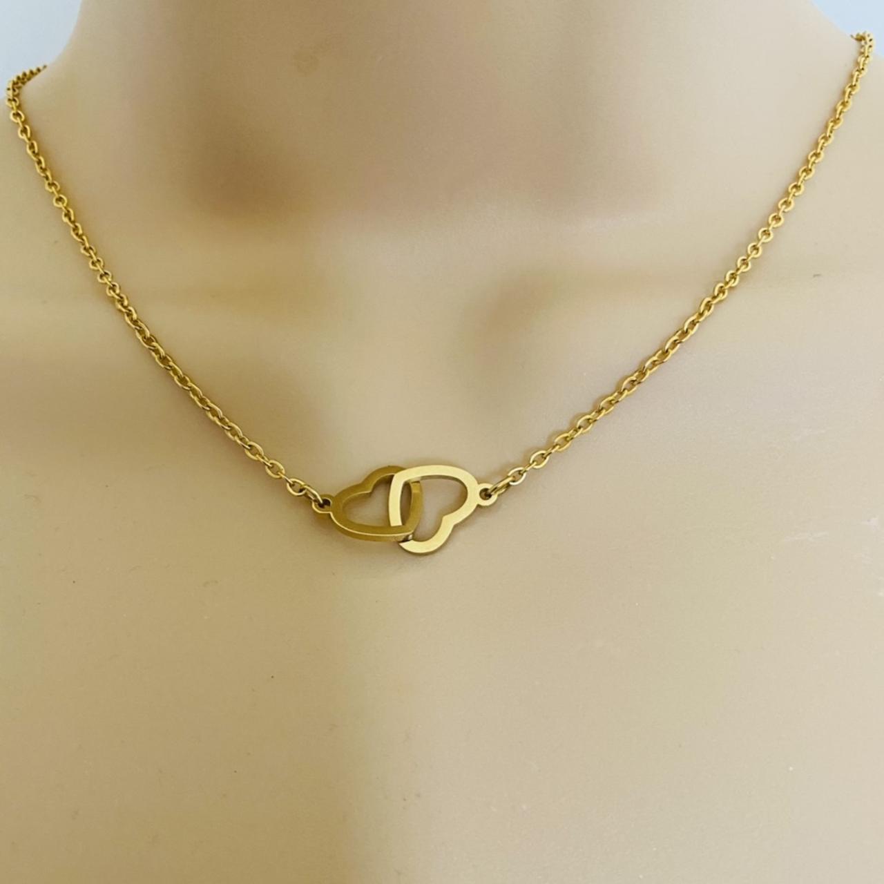 Gold Colour Heart Necklace. Double Heart Necklace.... - Depop