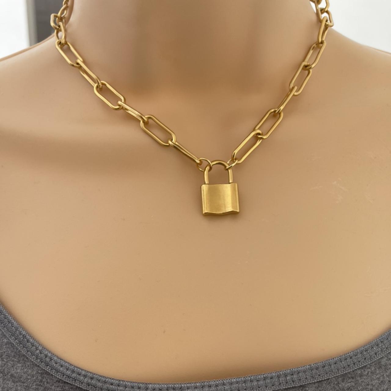 Gold Padlock Necklace. Chunky Padlock Handmade Chain... - Depop