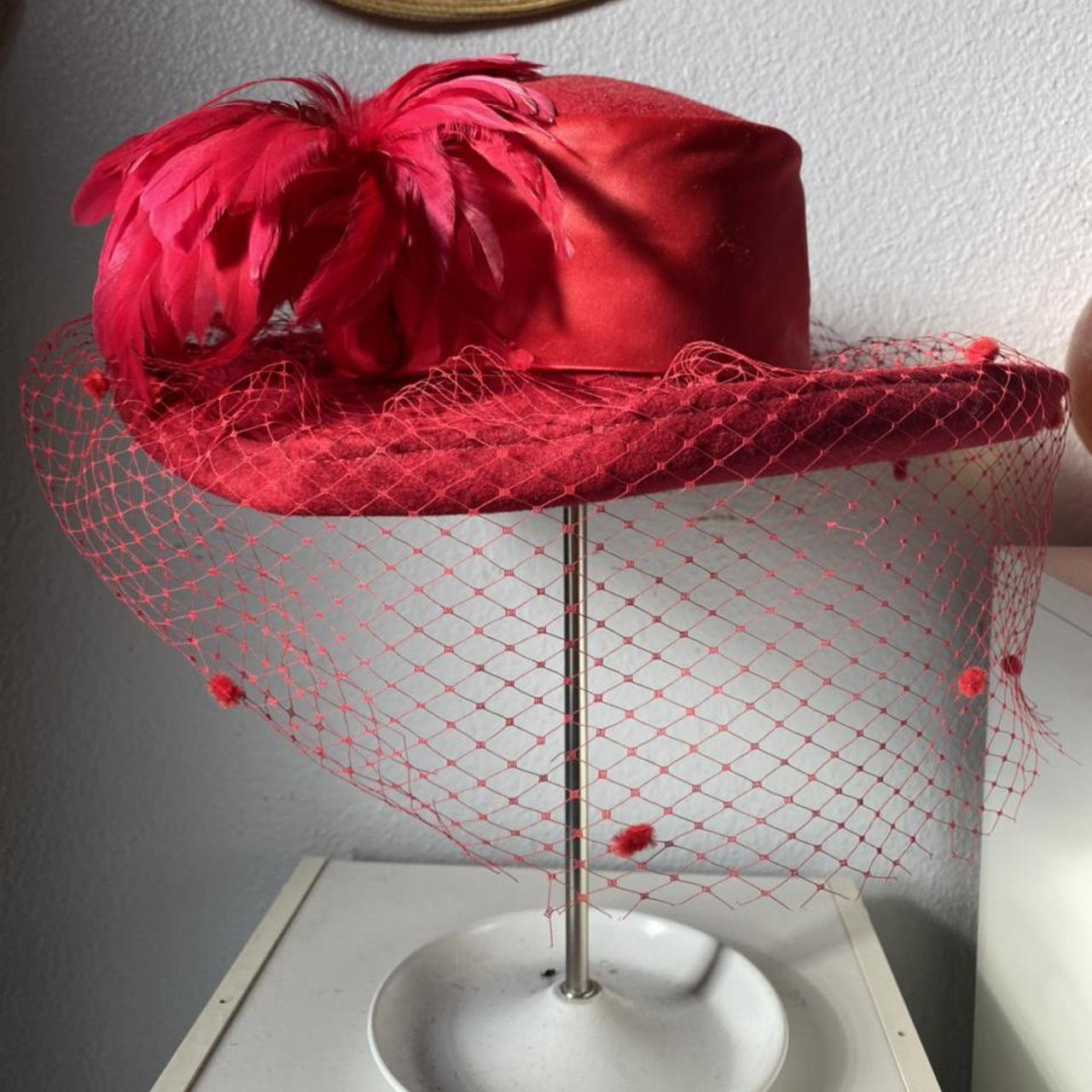 Red hat with fishnet veil and feathers , #hat..., image size:1280x1280
