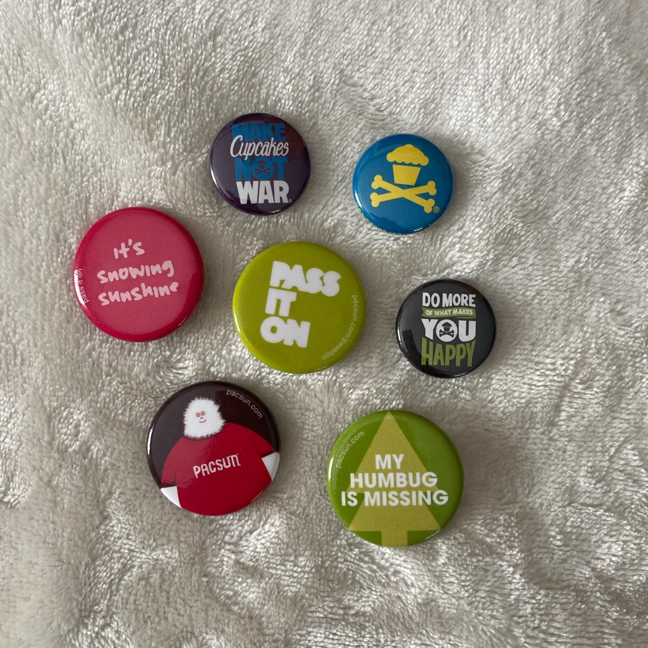 3 Johnny Cupcakes pins 1 inch 4 Pacsun pins 1.5... Depop