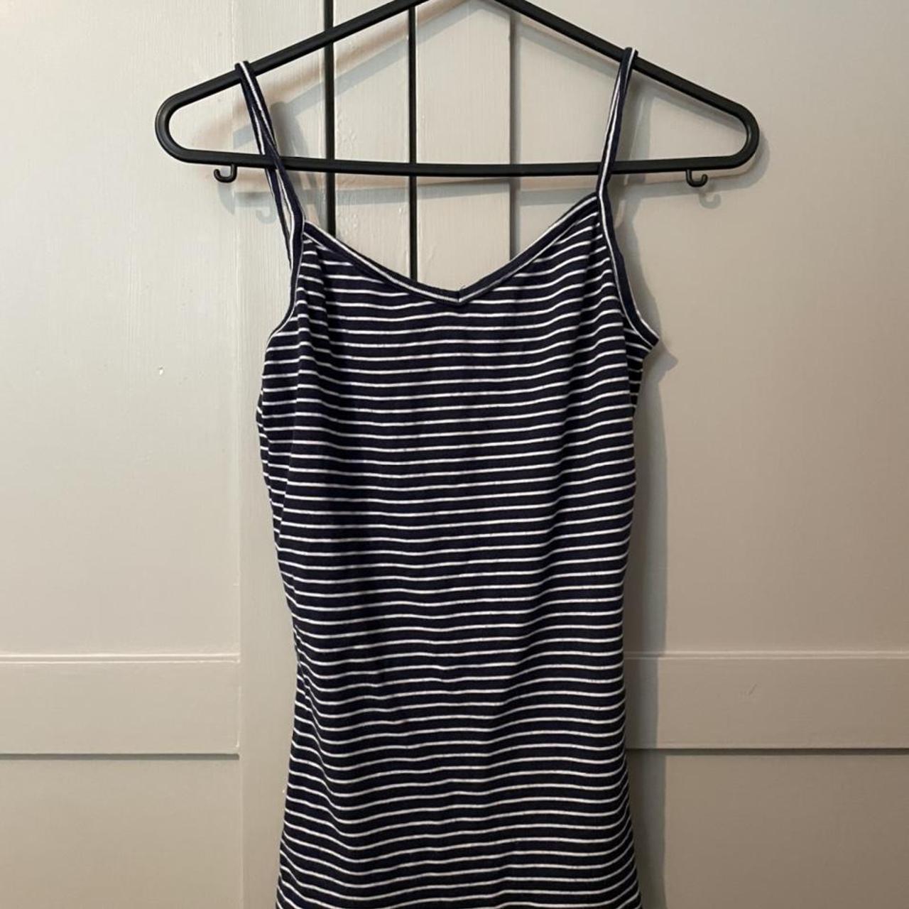 m&s dark navy and white striped tank top. size 8,... - Depop