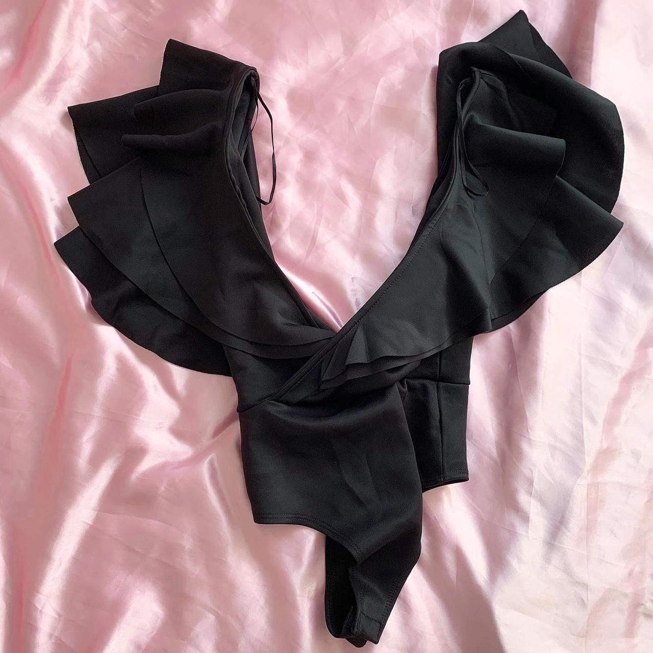 BLACK BODYSUIT Frill sleeve bodysuit Cami... - Depop