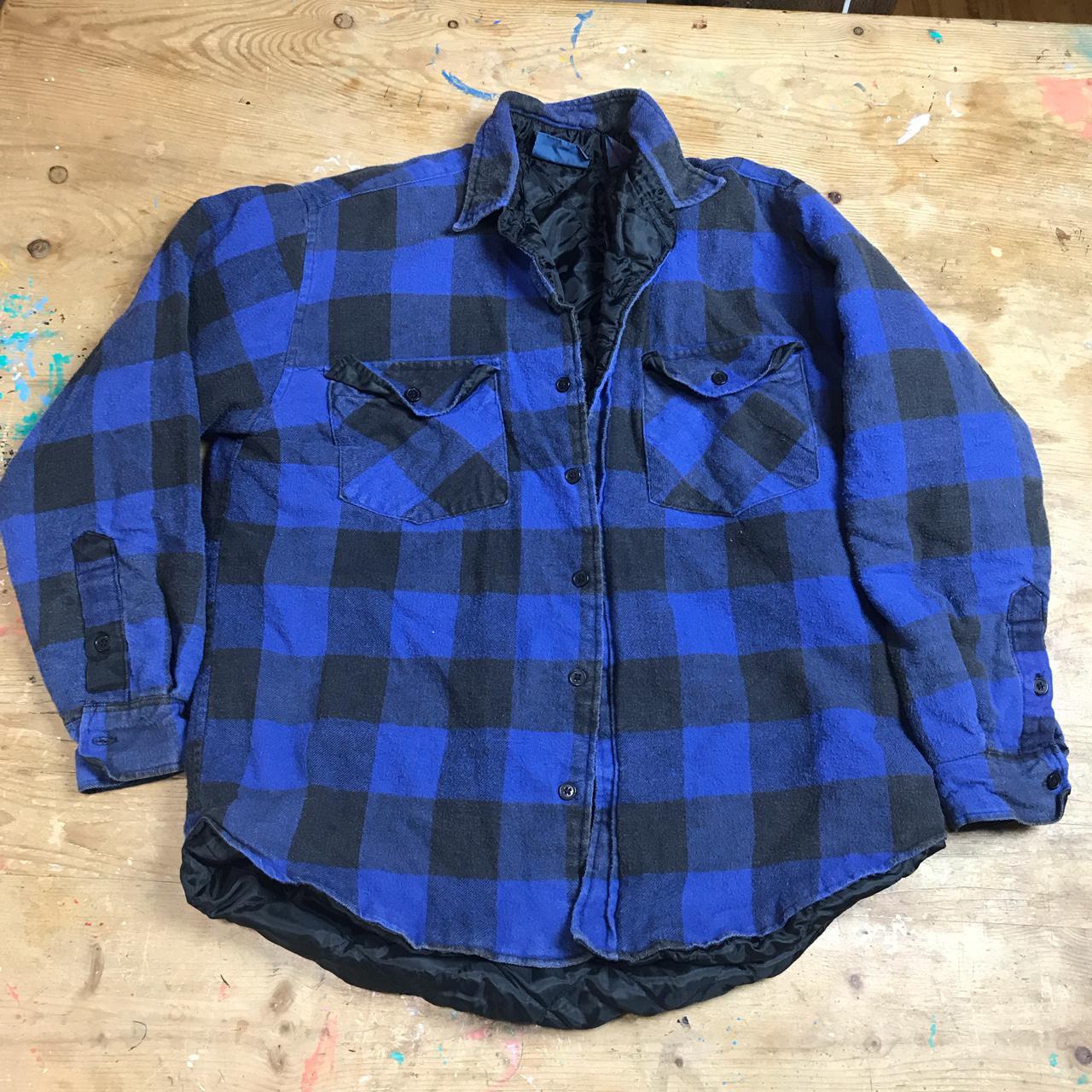 90's flannel blue / black lined button up... - Depop