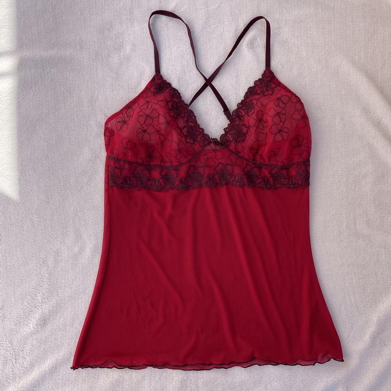 Absolutely stunning red mesh top with cute floral... - Depop