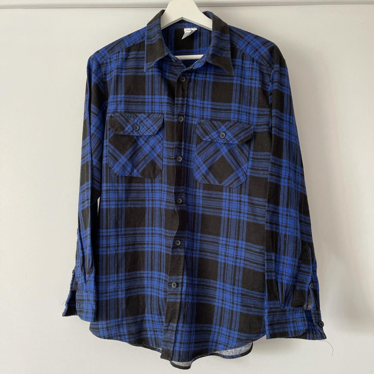 Vintage Woolworths flannel shirt - Dark Blue tartan... - Depop