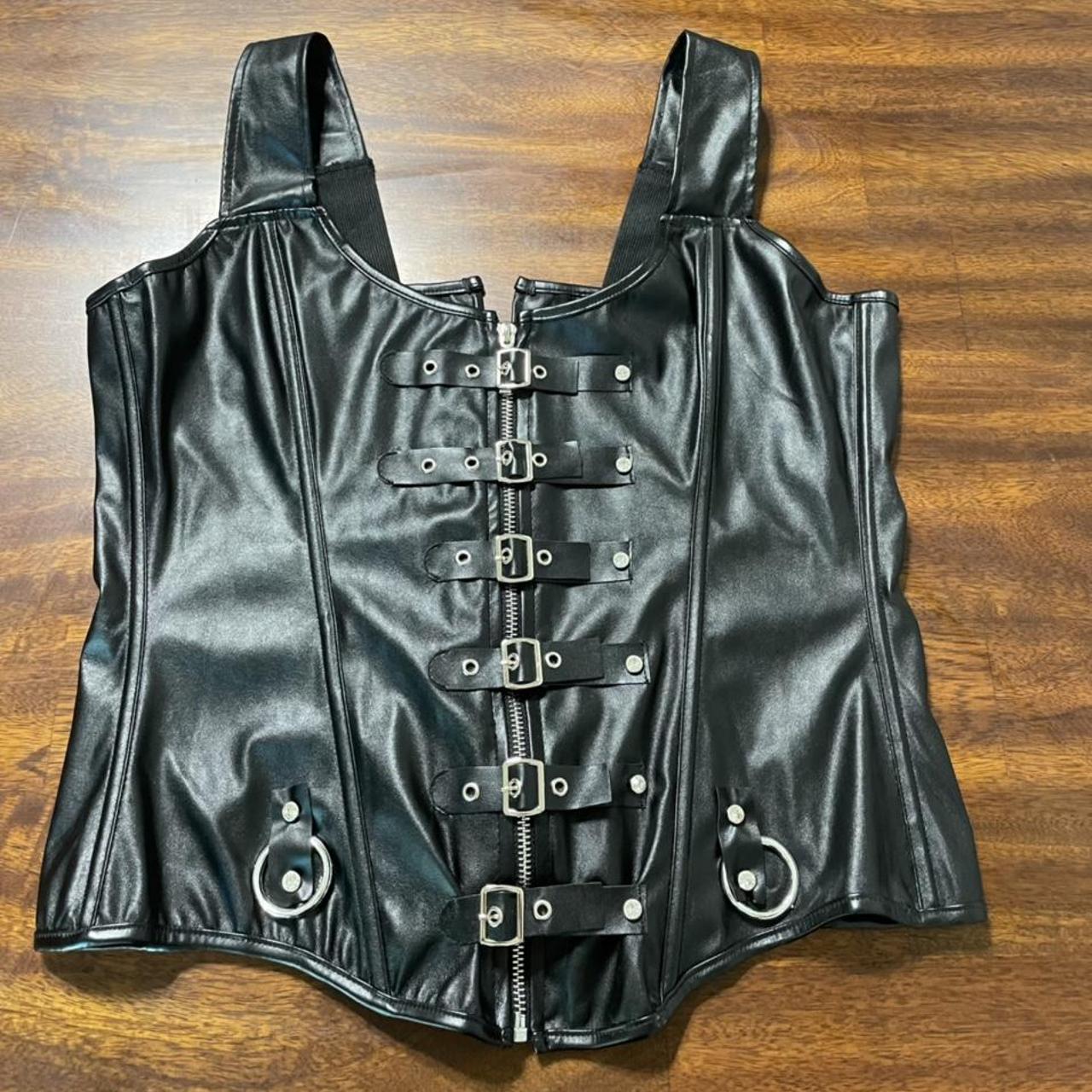 Faux leather corset top Ribbon all through the back... - Depop