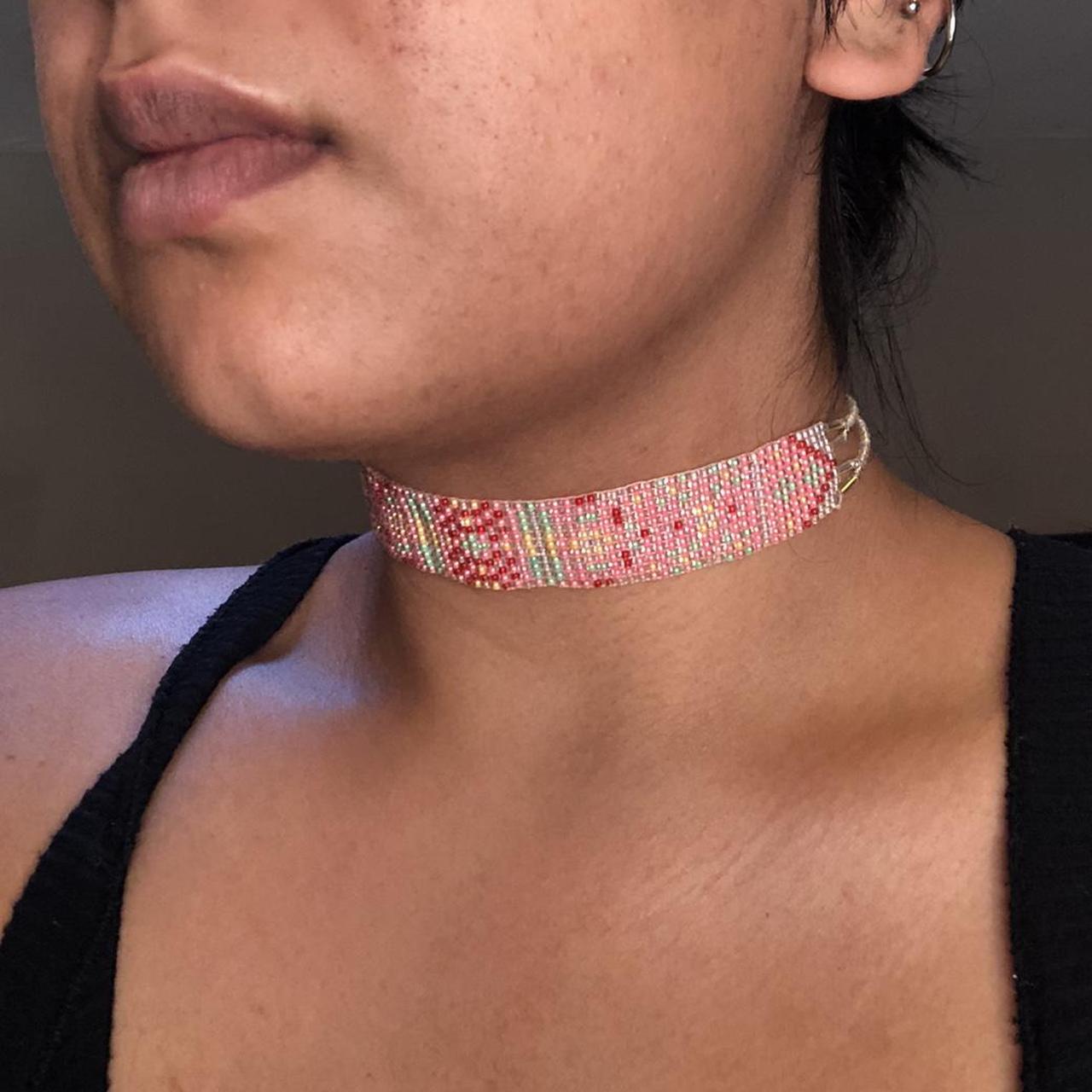 Pink Glass Bead Choker With Tarnish Resistant Depop