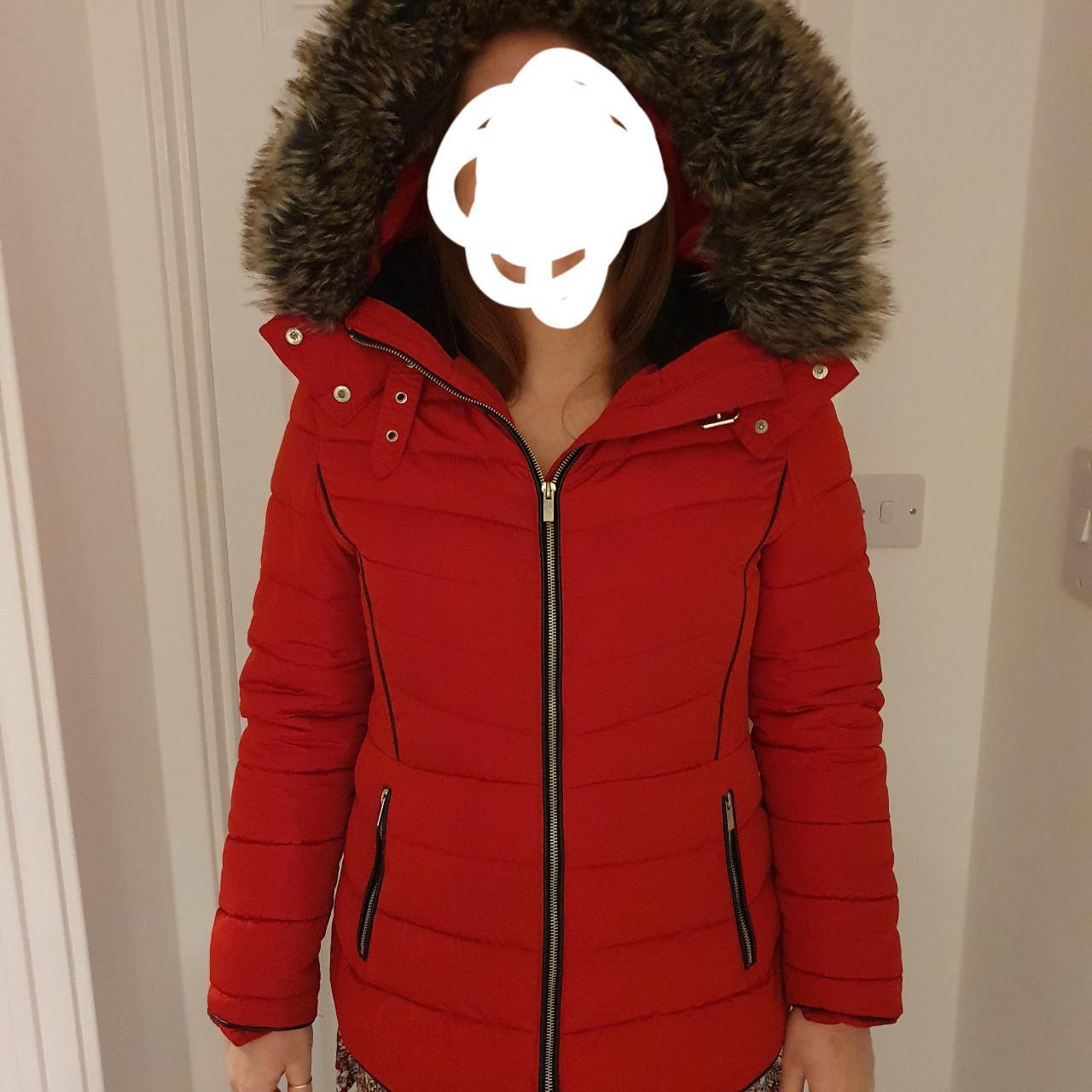 Newlook coat Size 14 Red padded short coat with faux. Depop