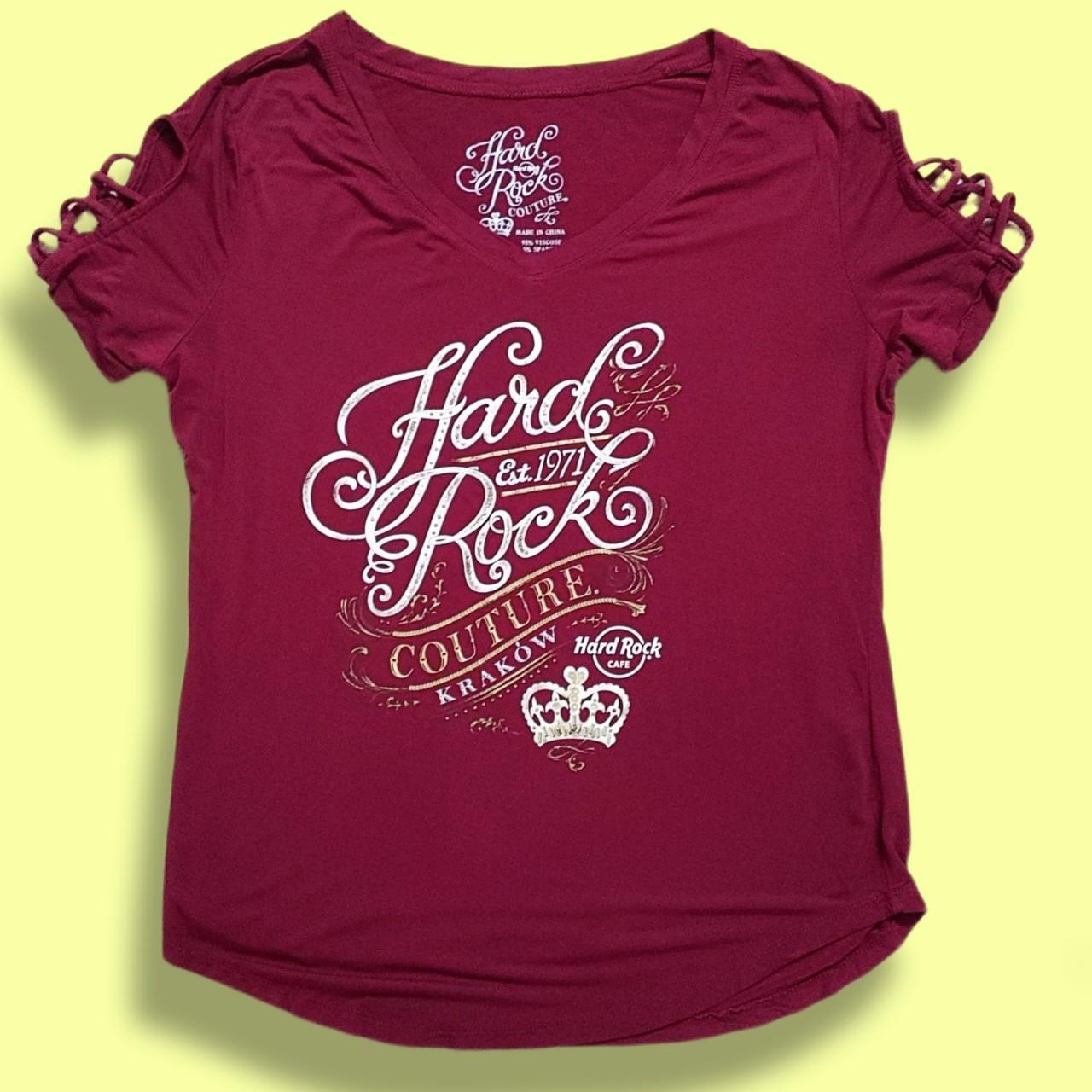 Hard Rock Cafe Women's Burgundy and Gold T-shirt | Depop