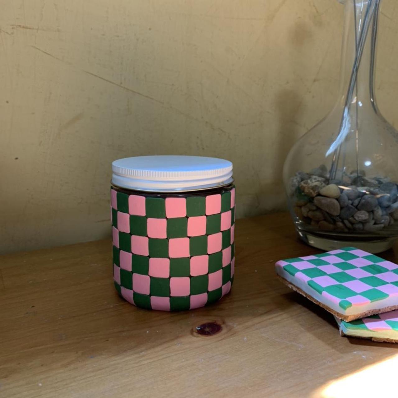 Pink and green Upcycled glass checker print jar... Depop