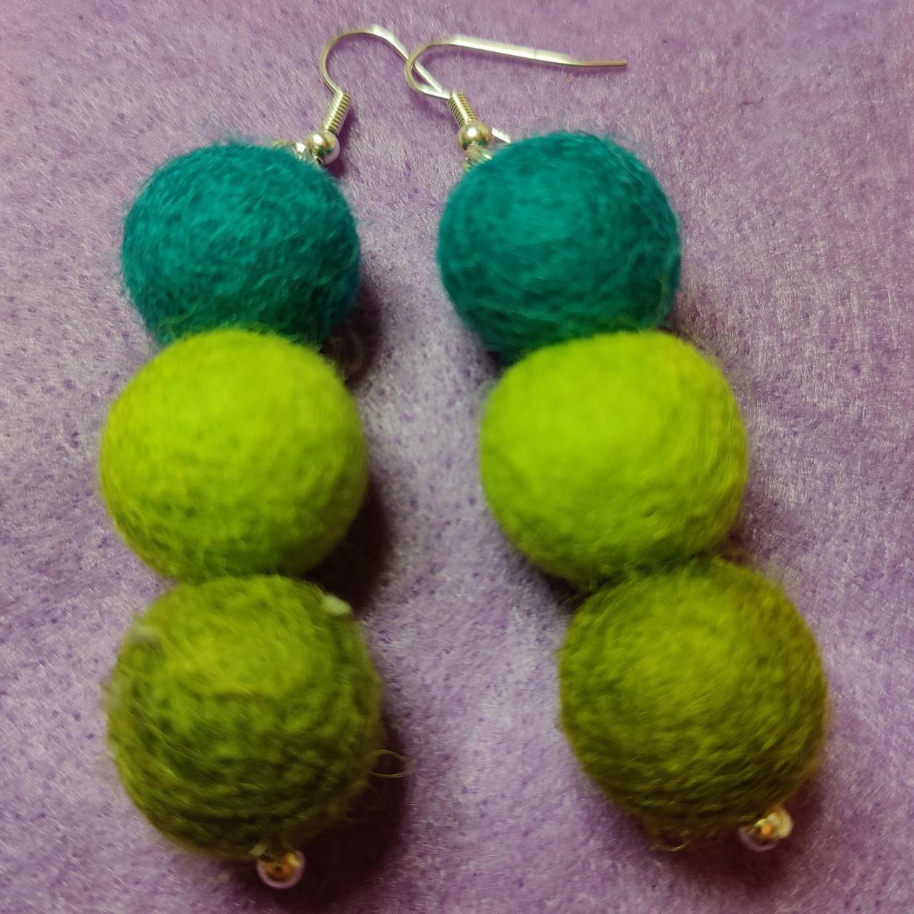 Felt ball earrings in shades of green and turquoise.... Depop
