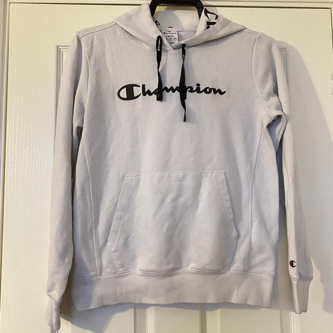 Vintage Champion Classic White Hoodie with spell out... - Depop