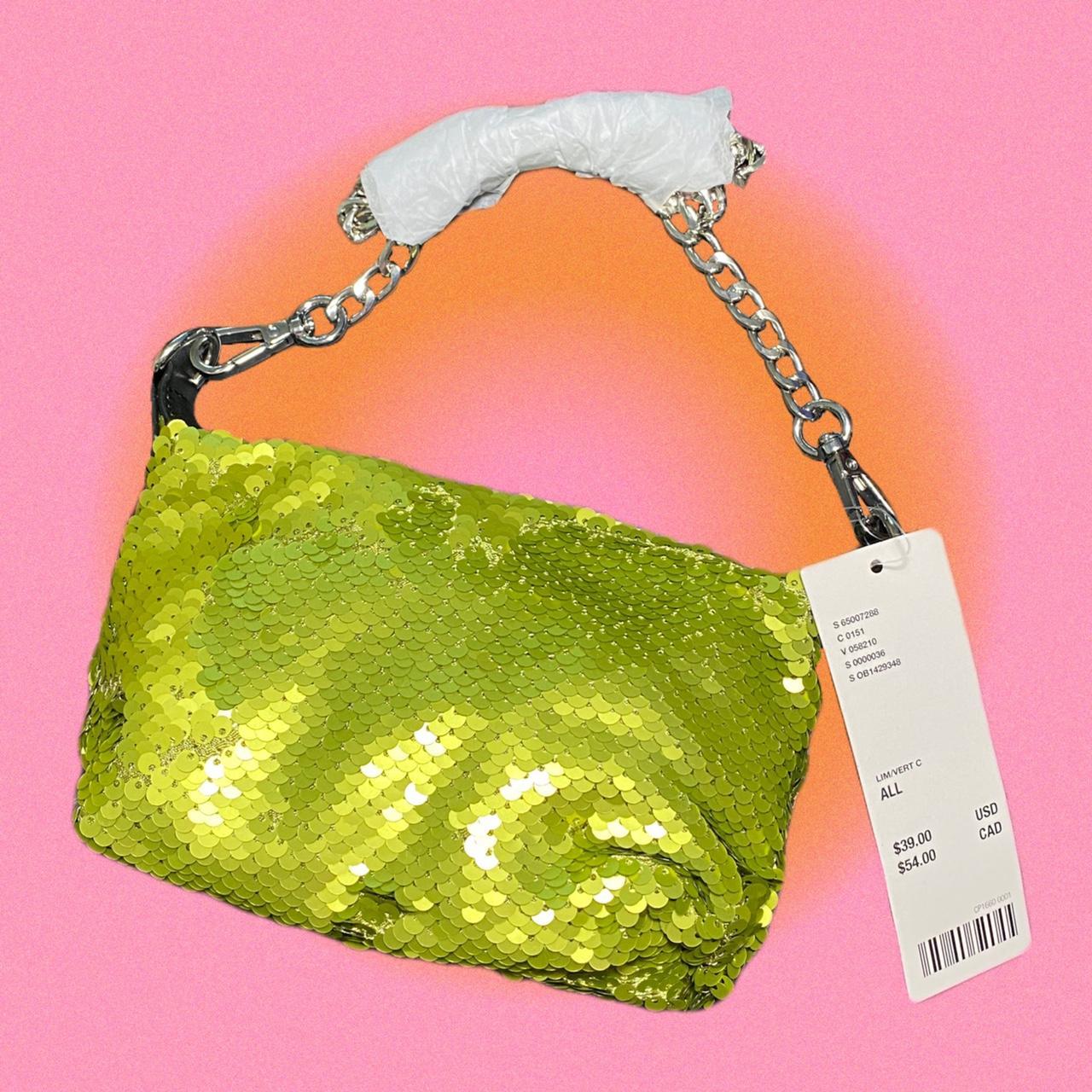 bright green sequin embellished silver chain handbag... Depop