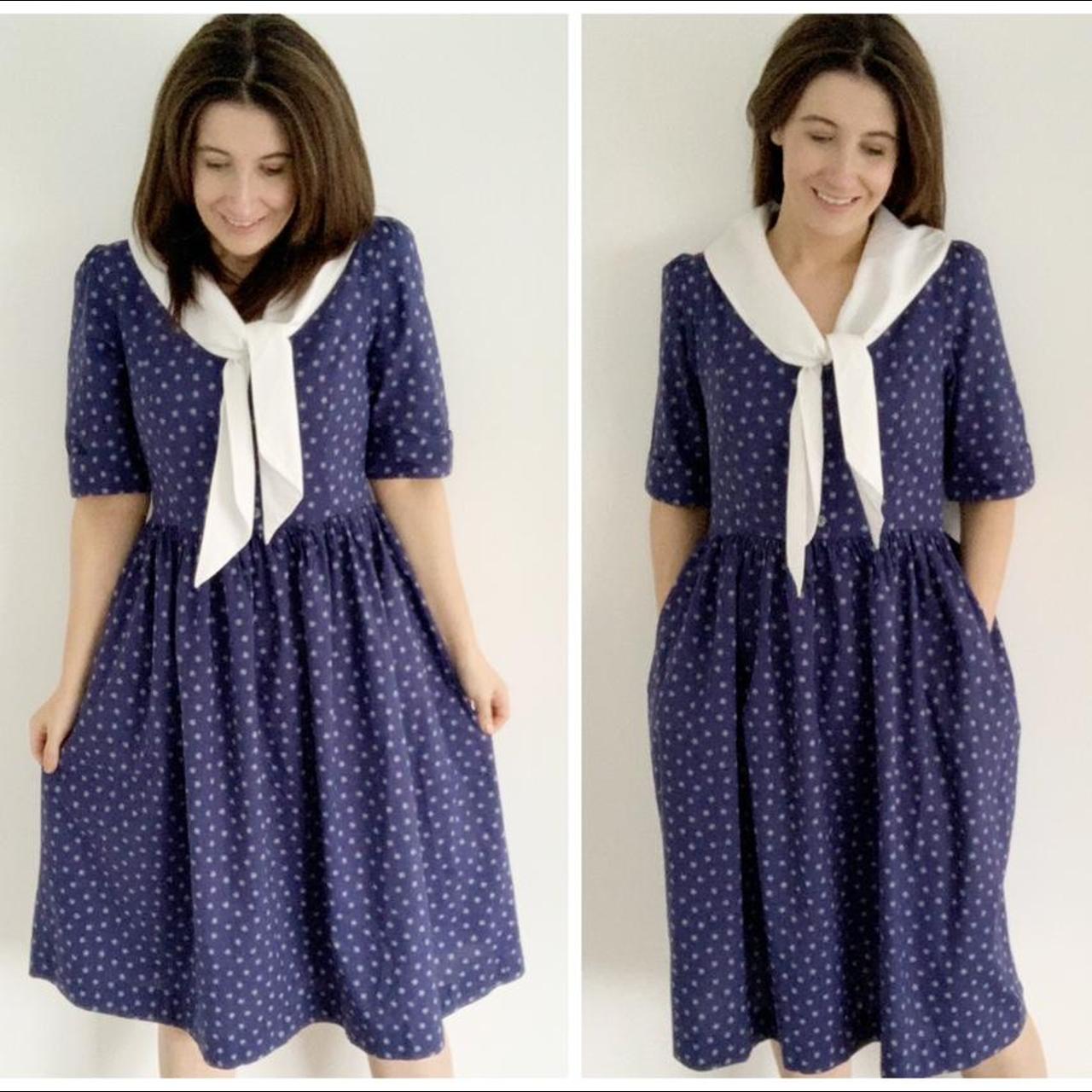 🤍LAURA ASHLEY SAILOR COLLAR NAVY AND WHITE VINTAGE... Depop