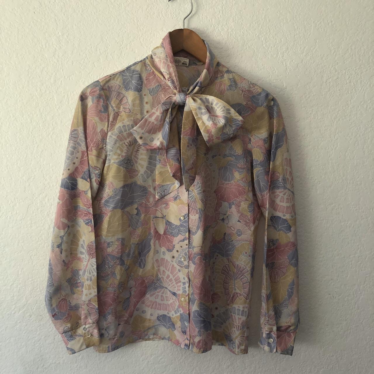 Vintage late 70s pussy bow button up pastel pink and... - Depop