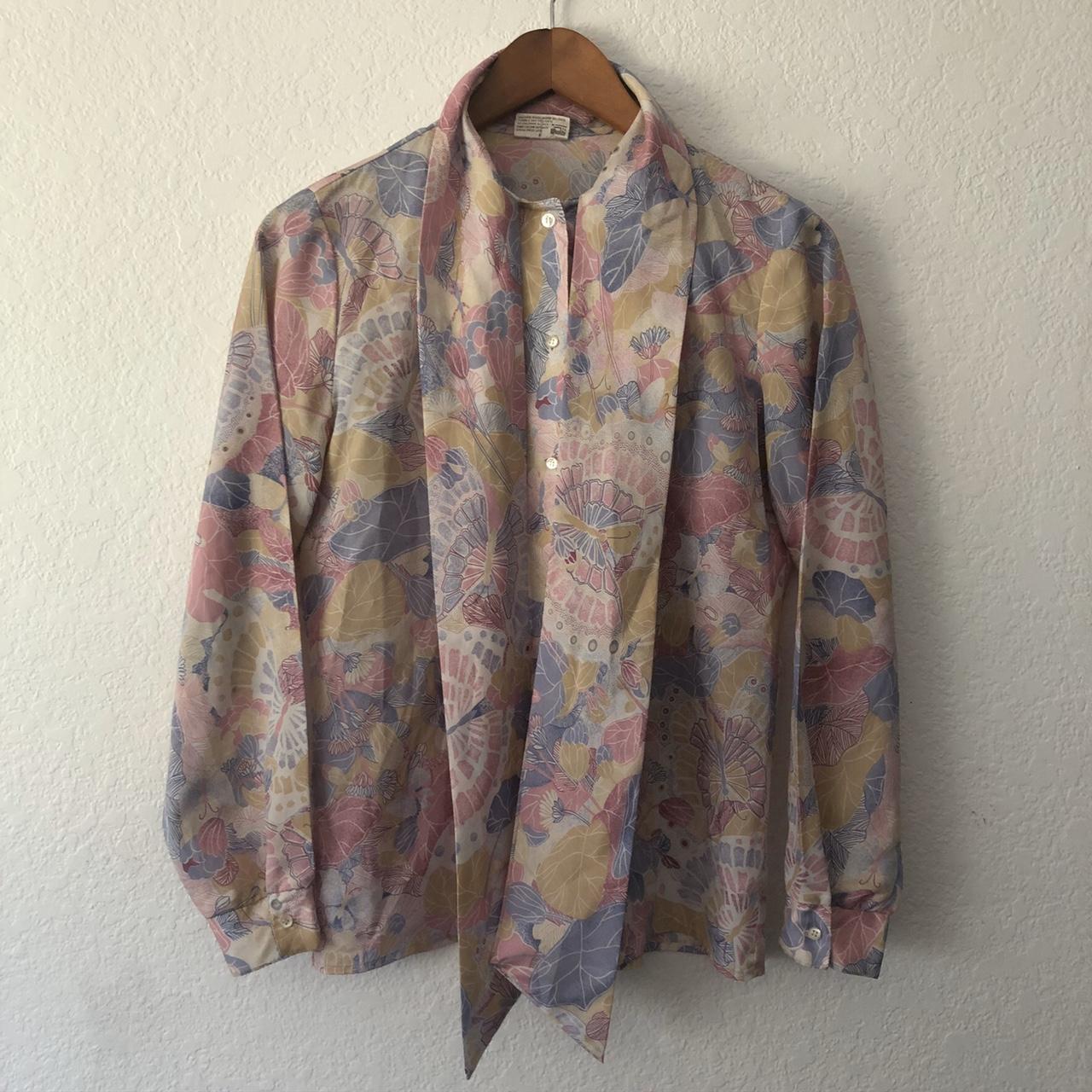 Vintage late 70s pussy bow button up pastel pink and... - Depop