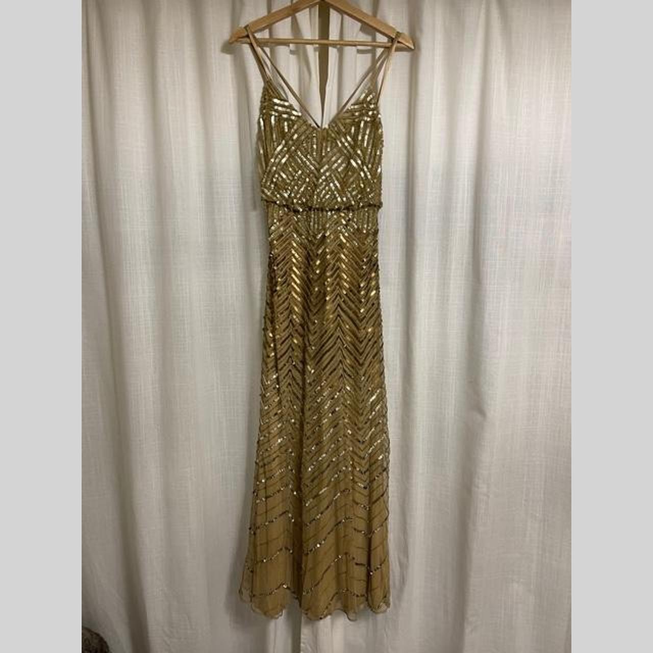 Adrianna Papell gold sequin dress floor length