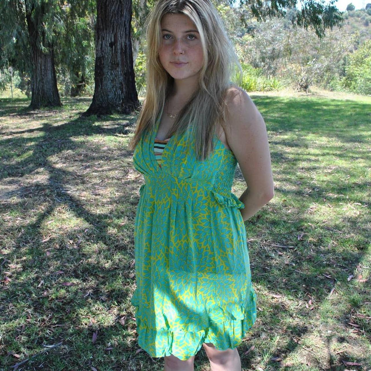 Unbranded Women's Green and Yellow Dress Depop