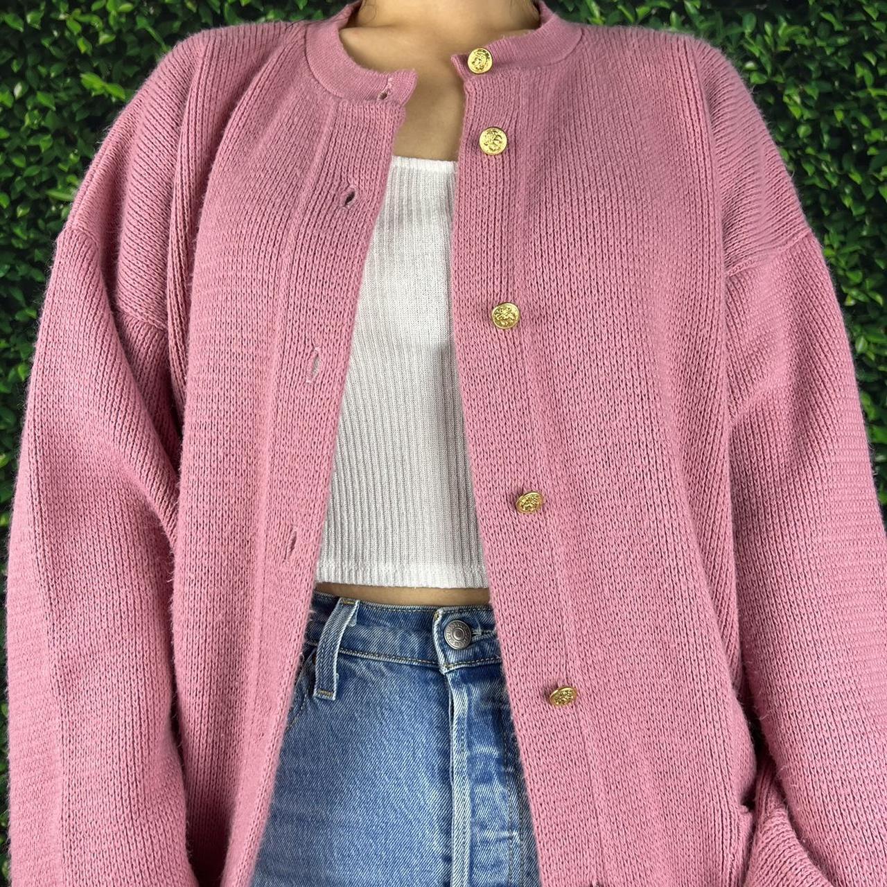 Vintage 80s preppy pink knit cardigan... - Depop