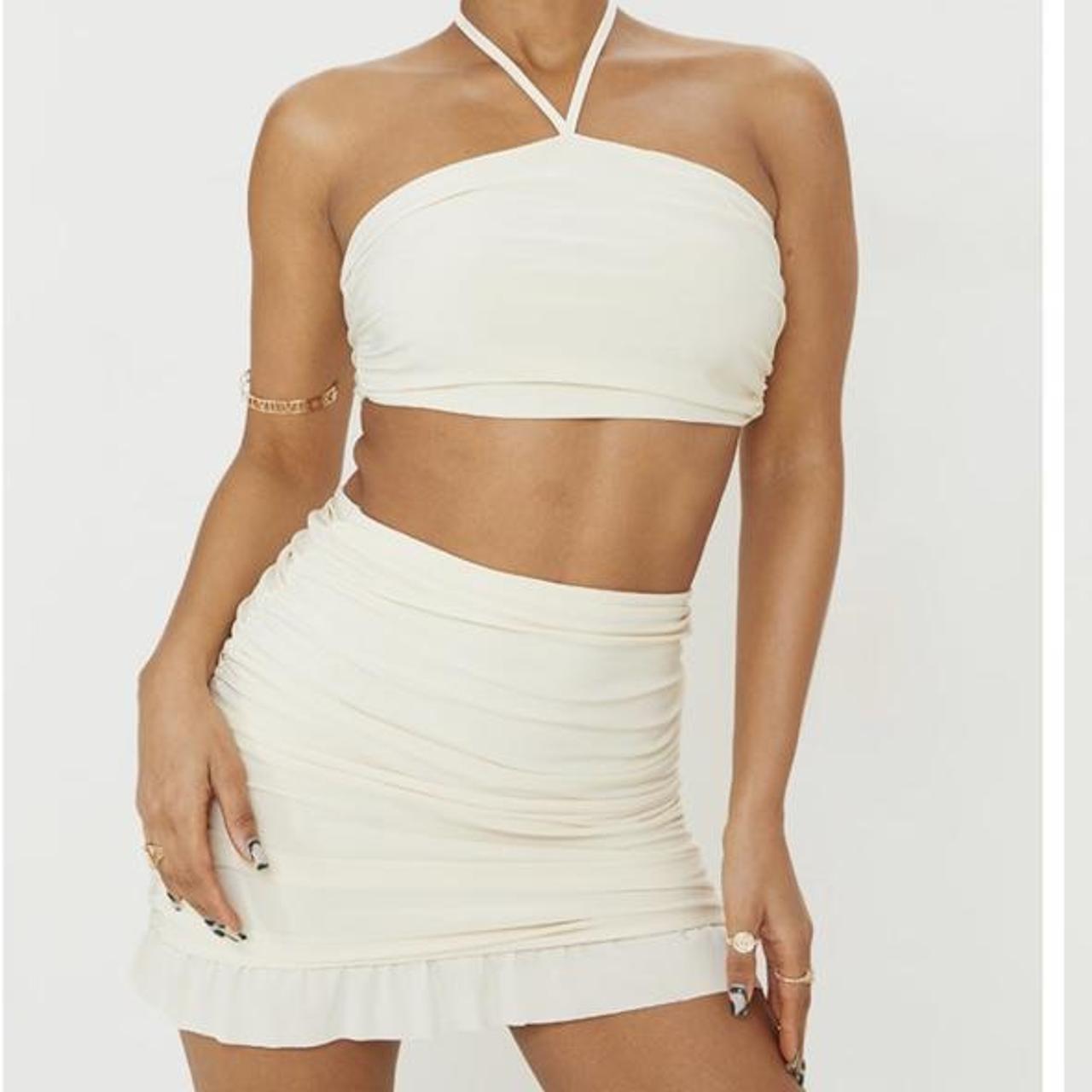 Cream Slinky Ruched Side Frill Panel Hem Depop