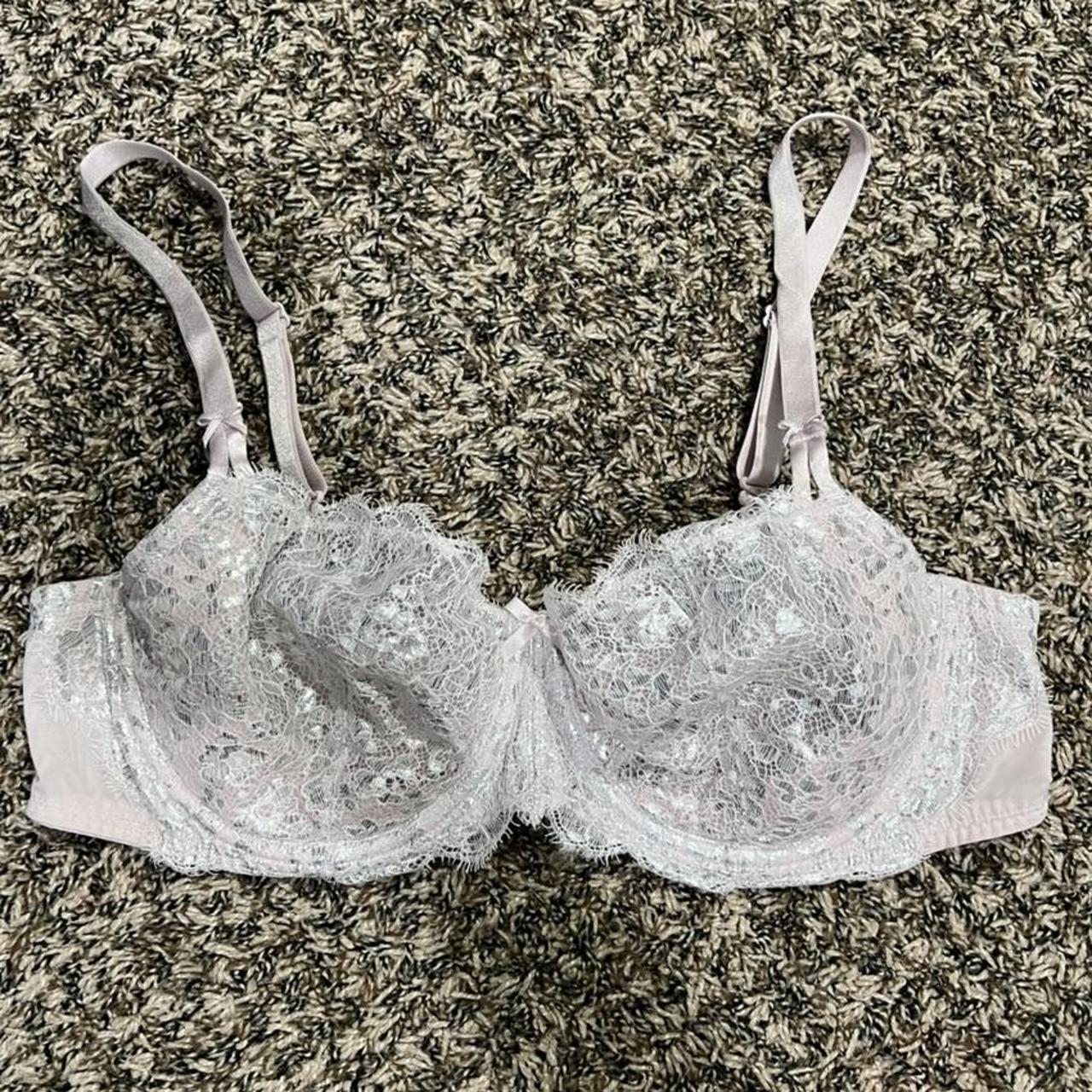 Victoria's Secret pink and silver lace bra size 38D - Depop