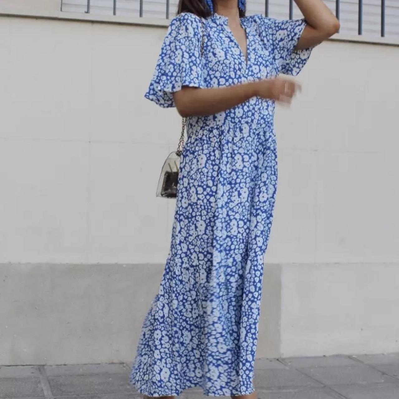 Zara Women's Blue and White Dress | Depop