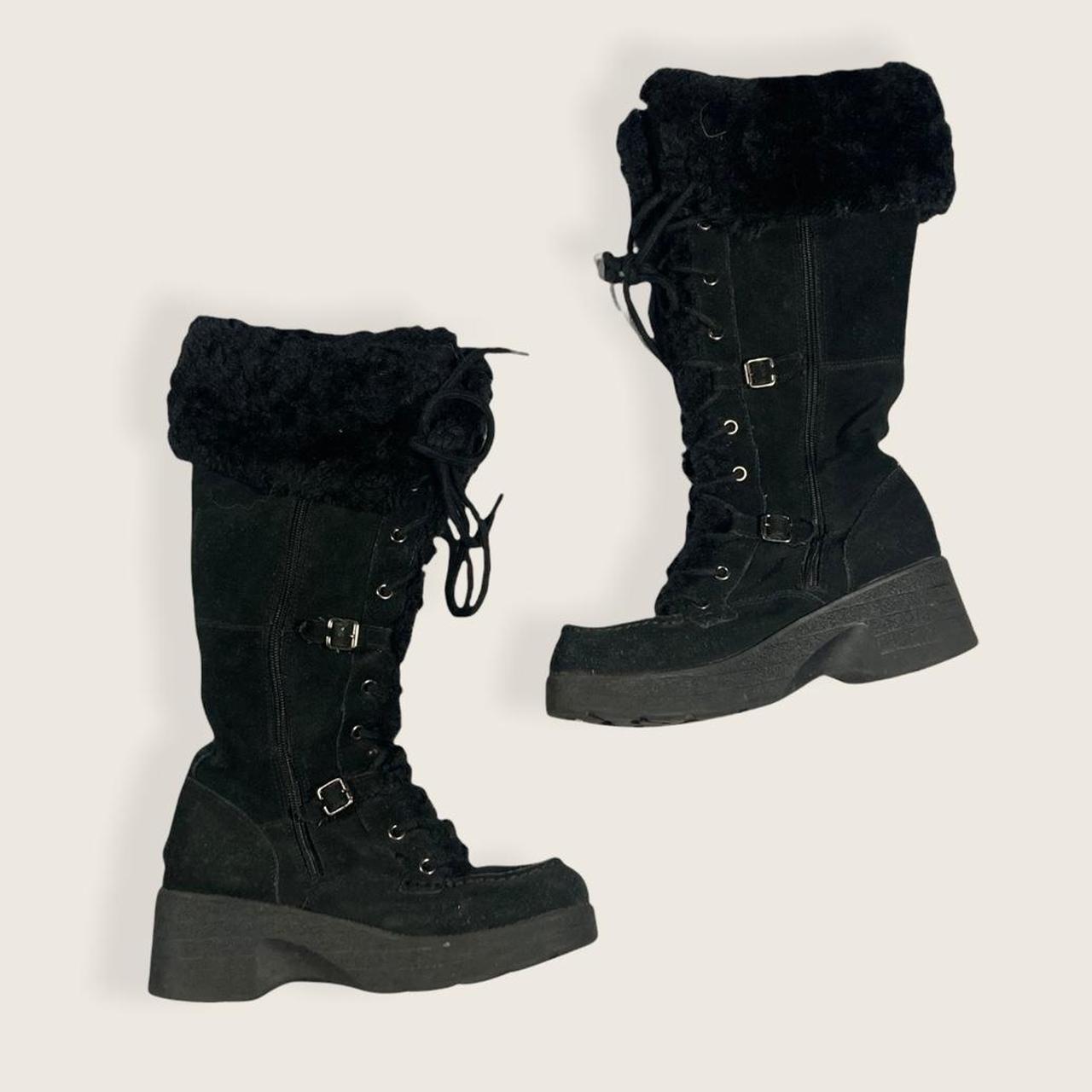 Gorgeous Y2K black lace up wedge boots with fur trim... - Depop