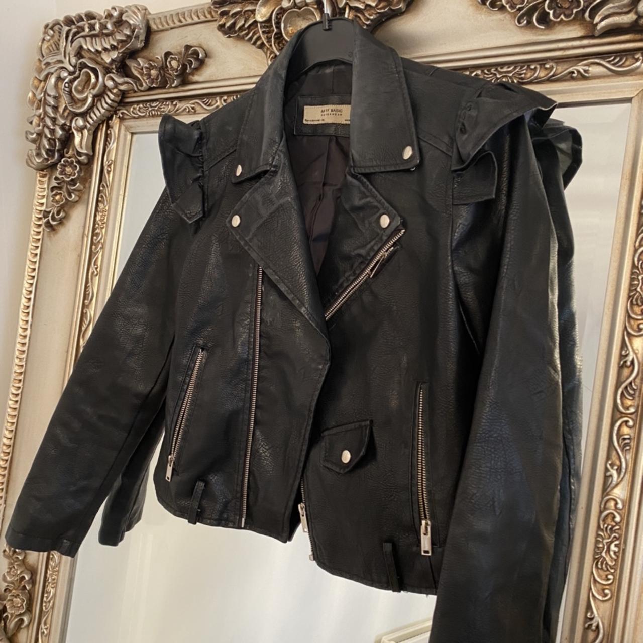 Frill shoulder leather jacket Size S so will fit a... - Depop