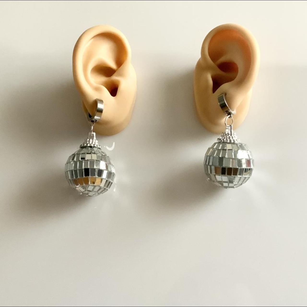 Retro Disco Ball Drop Earrings for Women Silver... Depop