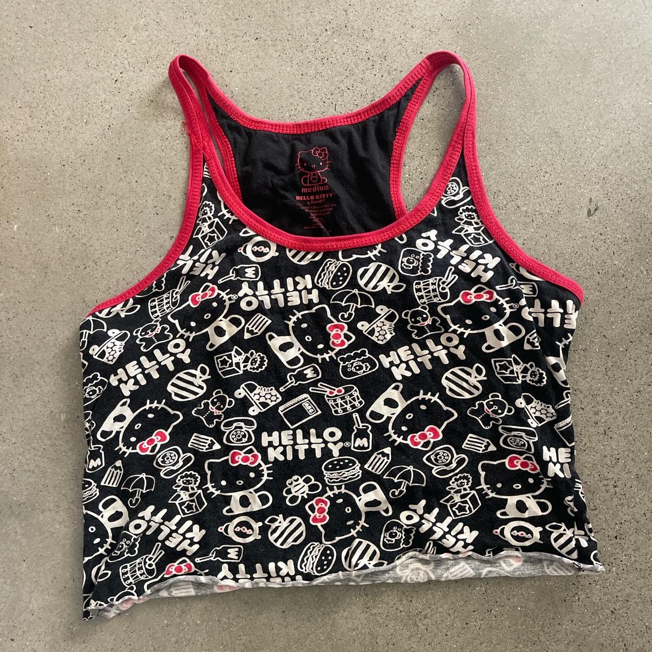 red and black hello kitty cropped tank raw hem... - Depop