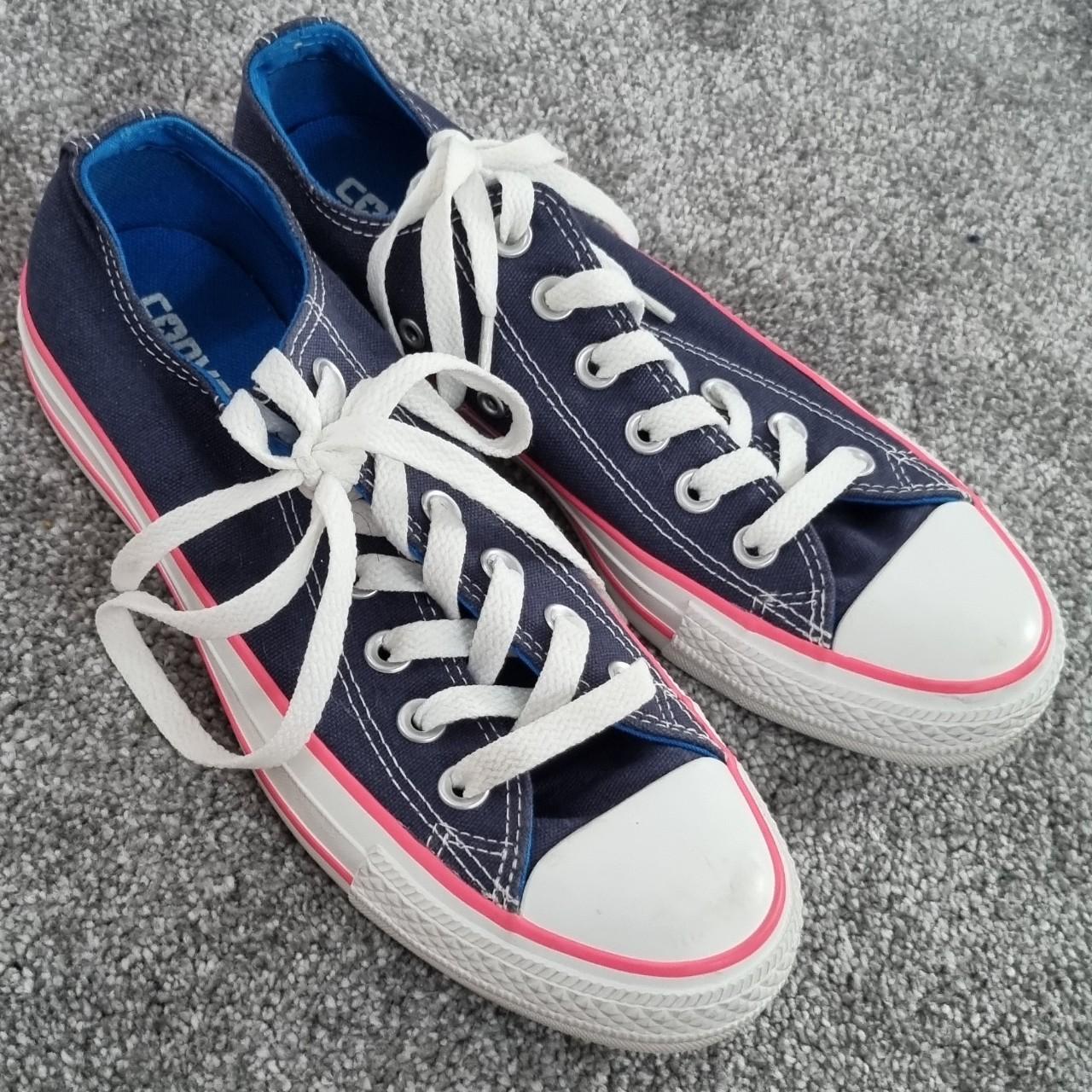 NAVY BLUE AND PINK CONVERSE TRAINERS VIBRANT,... - Depop