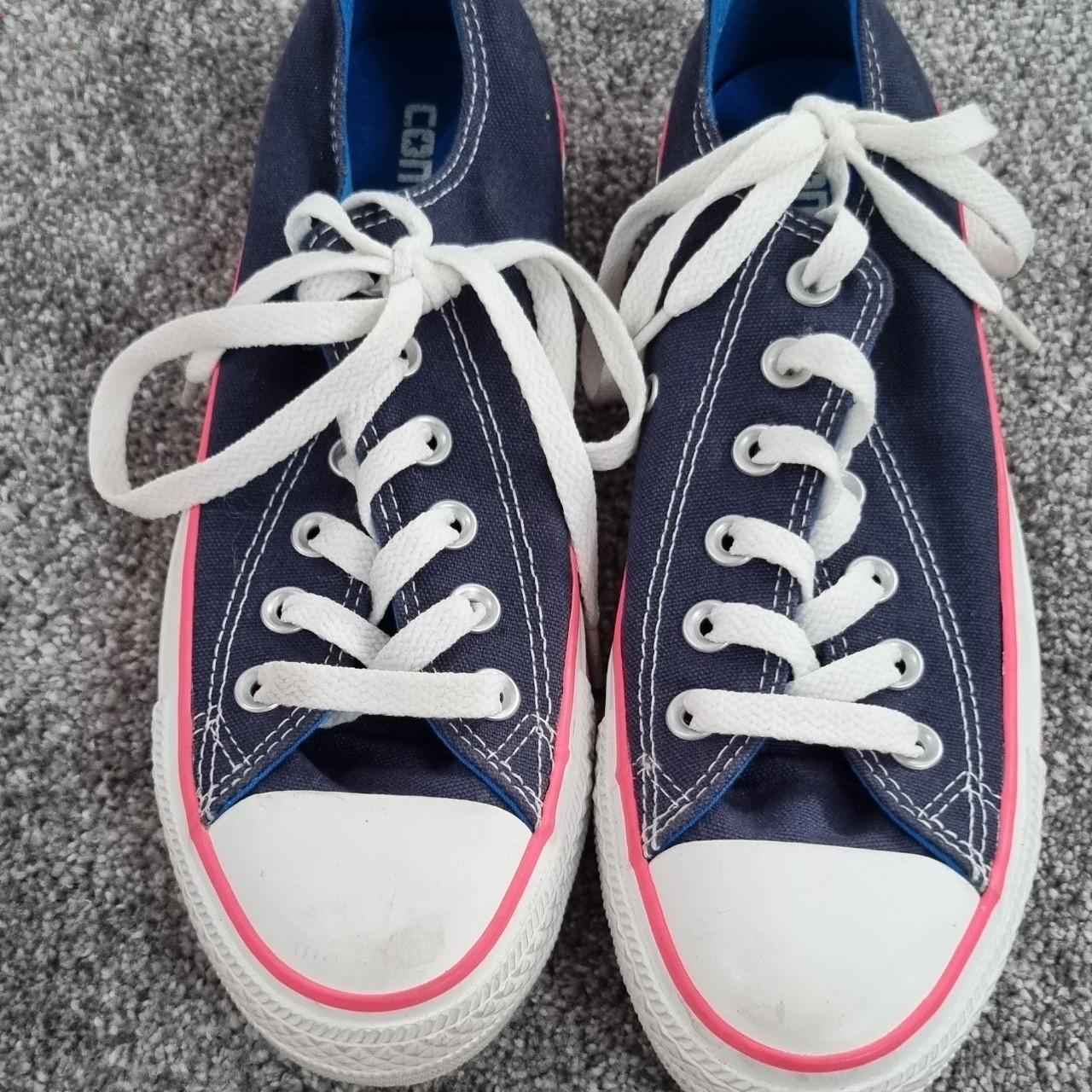 NAVY BLUE AND PINK CONVERSE TRAINERS VIBRANT,... - Depop