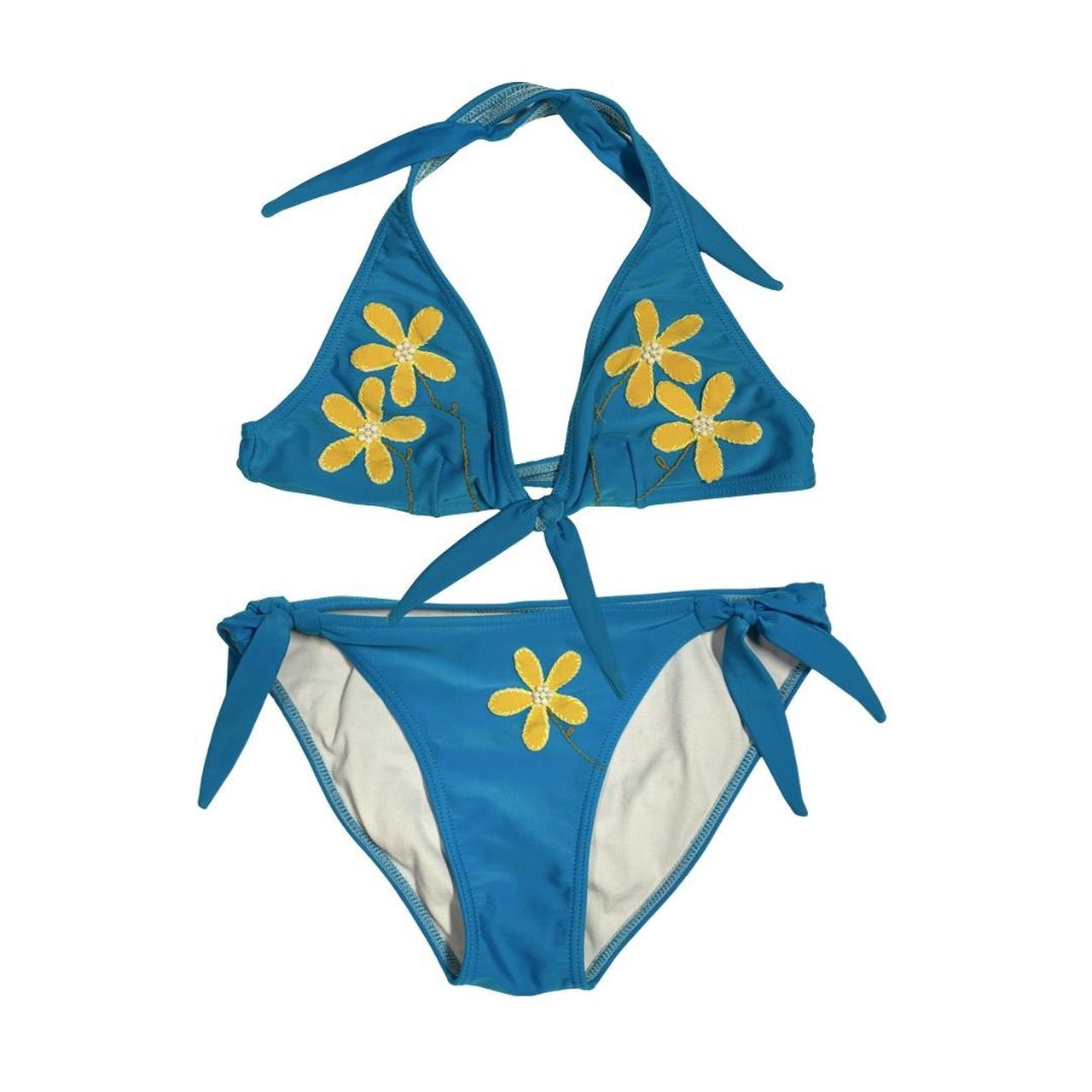 Blue bikini set with yellow floral embroidery.... Depop