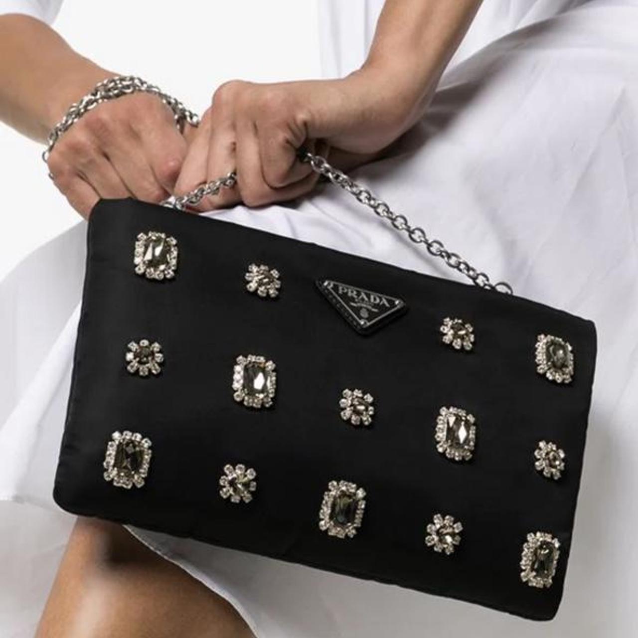 PRADA Catene Crystal Embellished Black Nylon Clutch