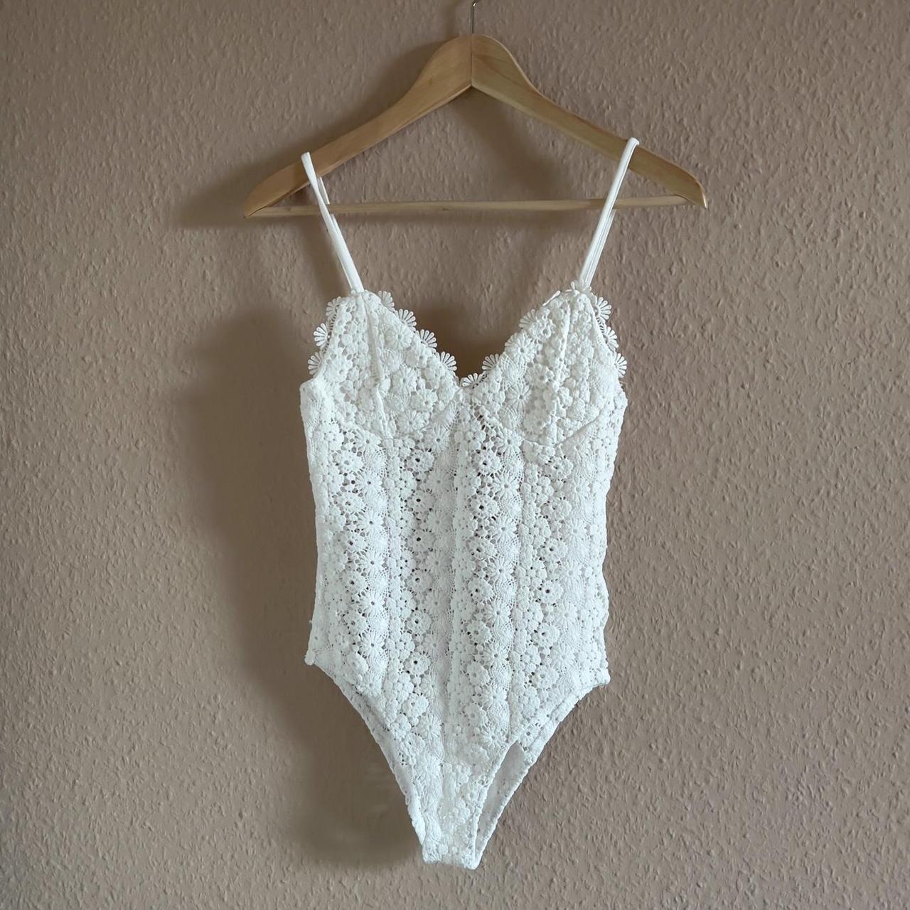 Crocheted lace bodysuit in white🤍 Jerseylined... Depop