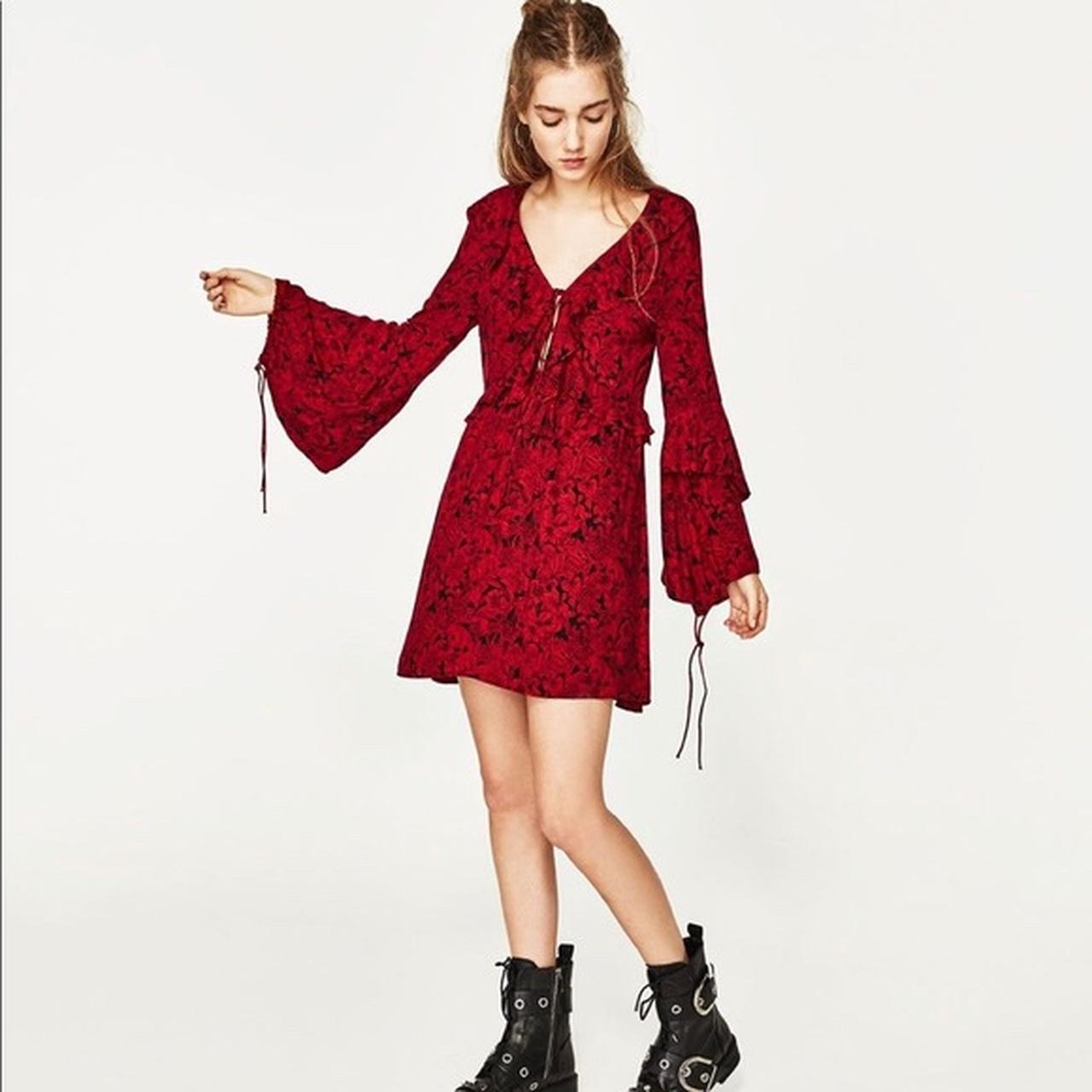 zara red and black floral dress